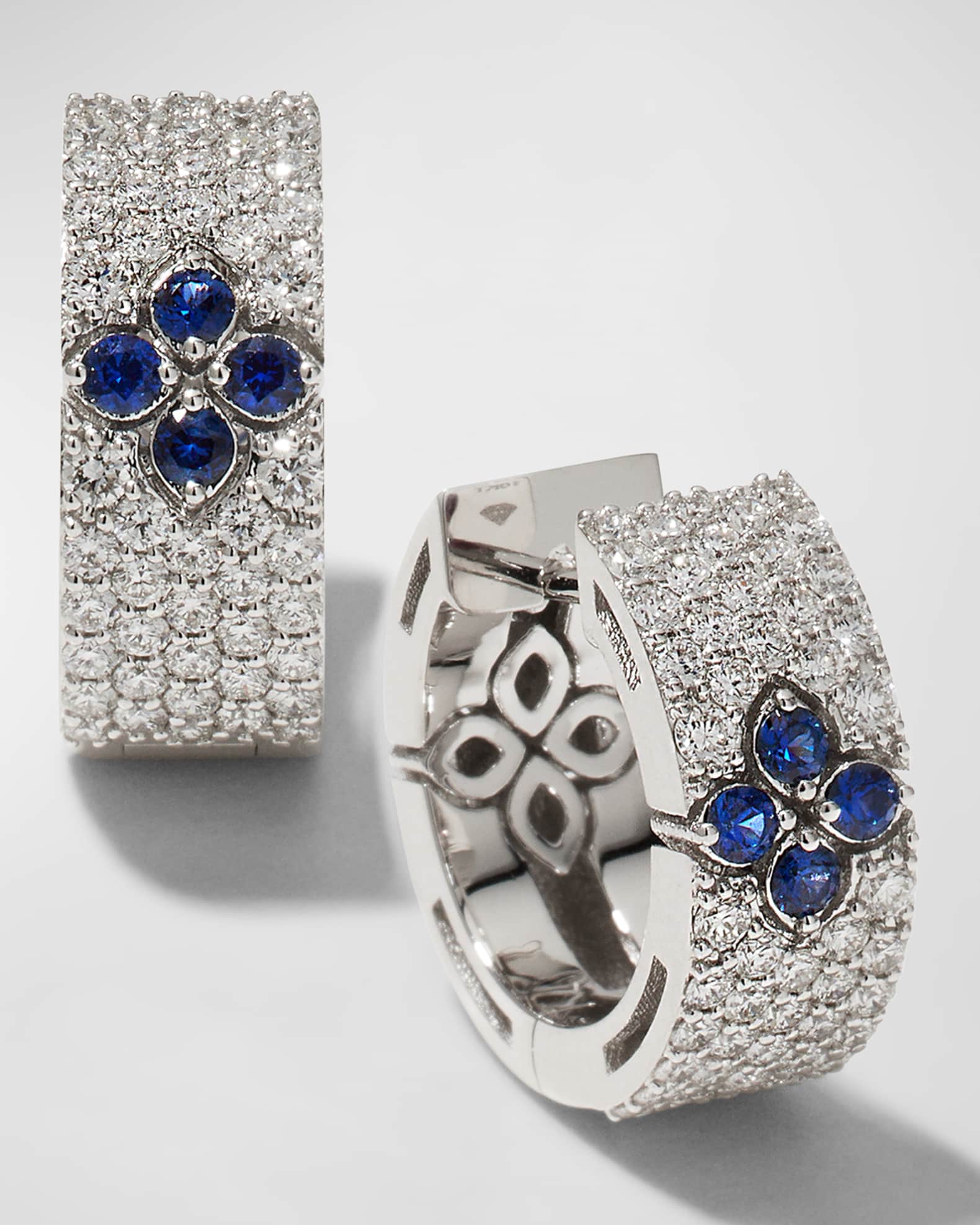 Love in Verona 18k White Gold Diamond and Blue Sapphire Huggie Earrings