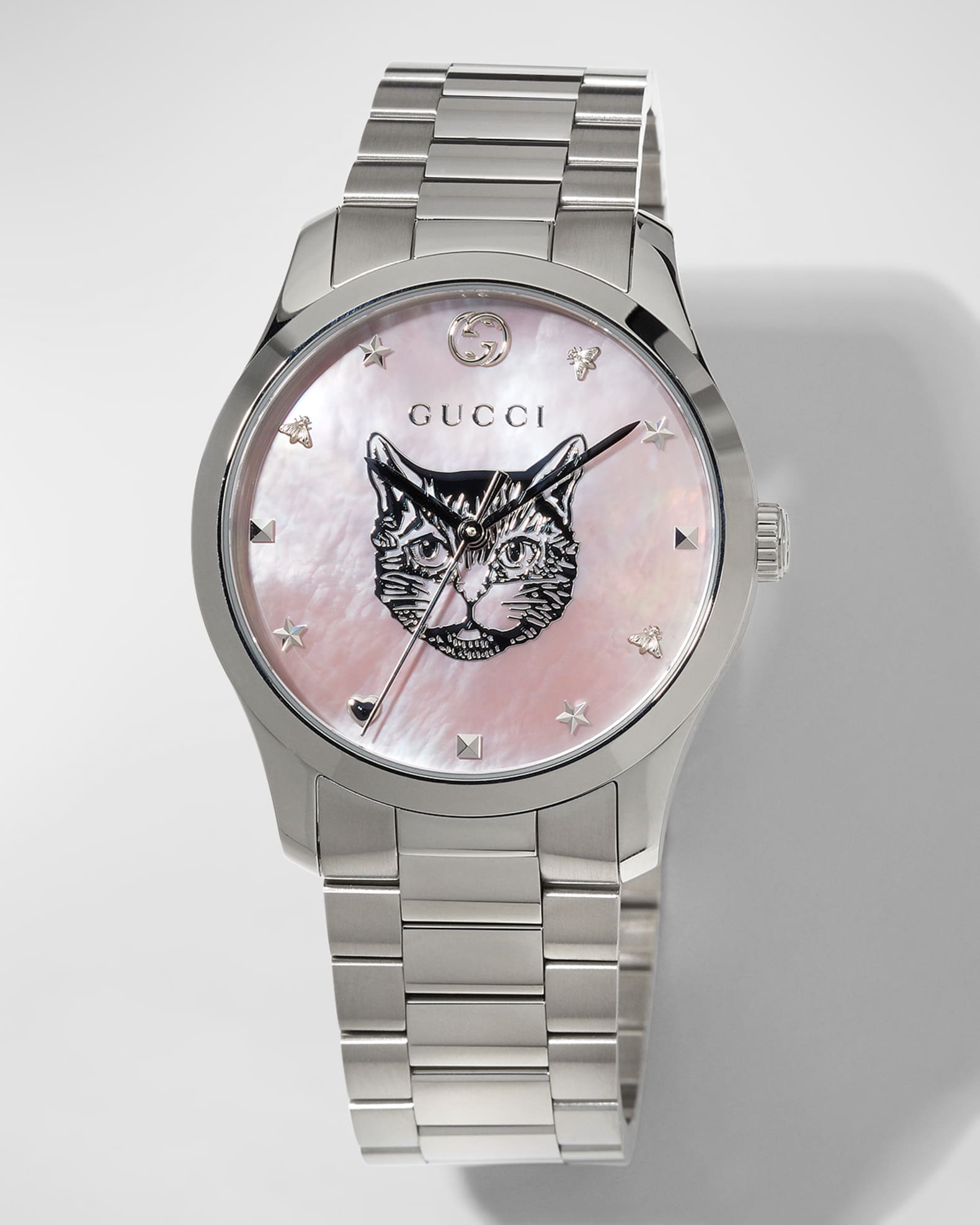 neimanmarcus.com | Gucci26mm G-Timeless Bracelet Watch w/ Feline Motif, Pink