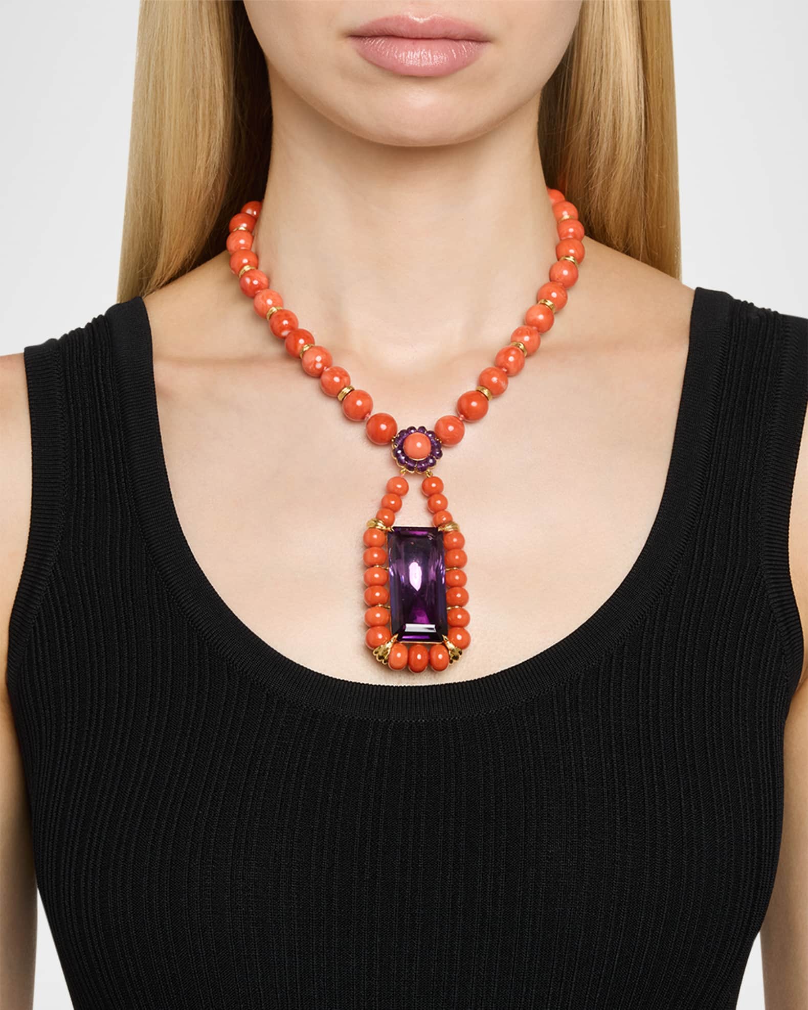 Estate 18K Yellow Gold Coral Bead and Amethyst Necklace 1