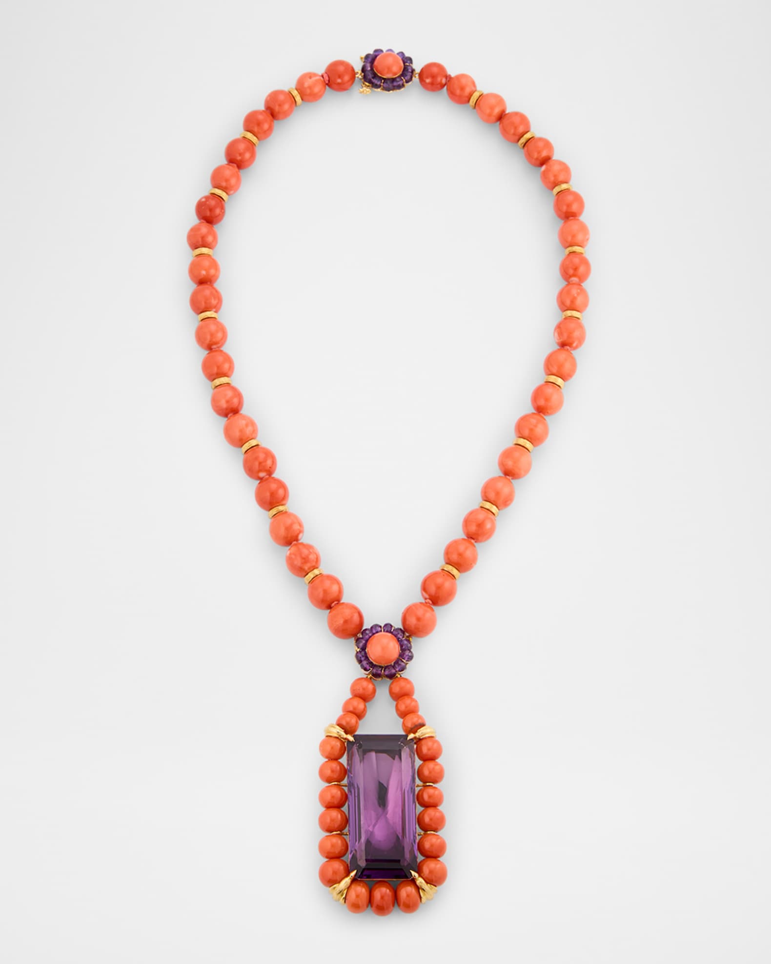 Estate 18K Yellow Gold Coral Bead and Amethyst Necklace 0