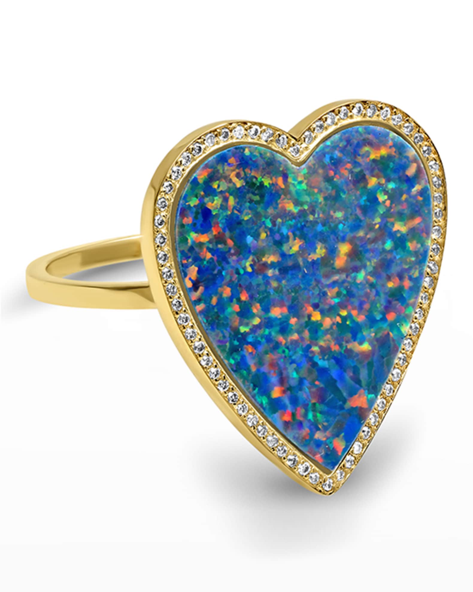 Yellow Gold Blue Opal Inlay Heart Ring with Diamonds, Size 6.5 0