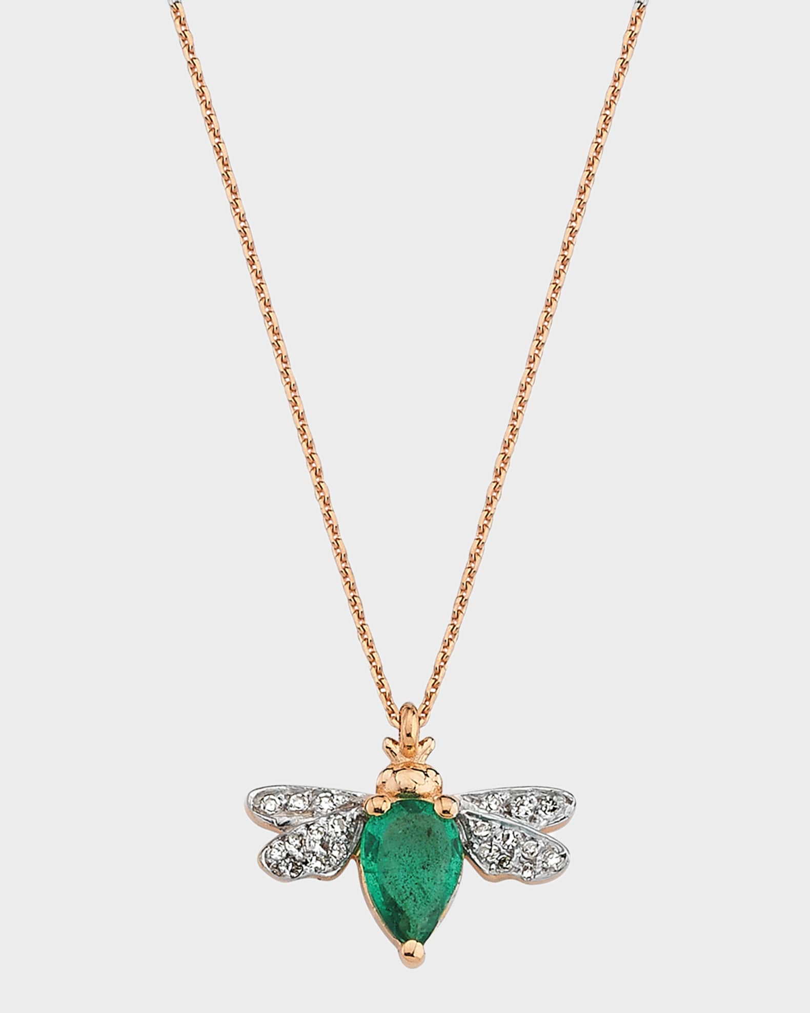 14k Rose Gold Bee Diamond and Emerald Necklace 0