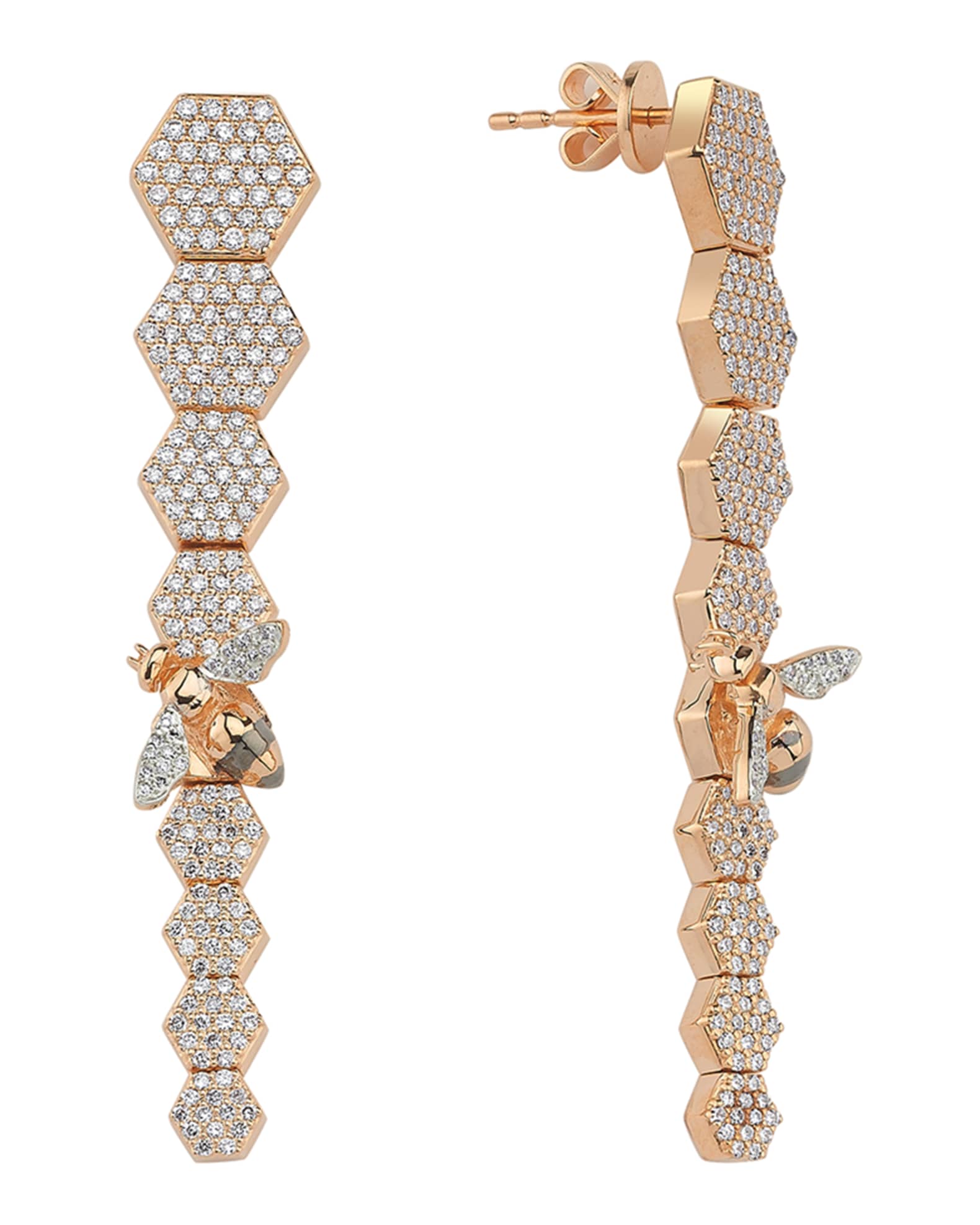 14k Rose Gold Long Bee & Honeycomb Drop Earrings 0