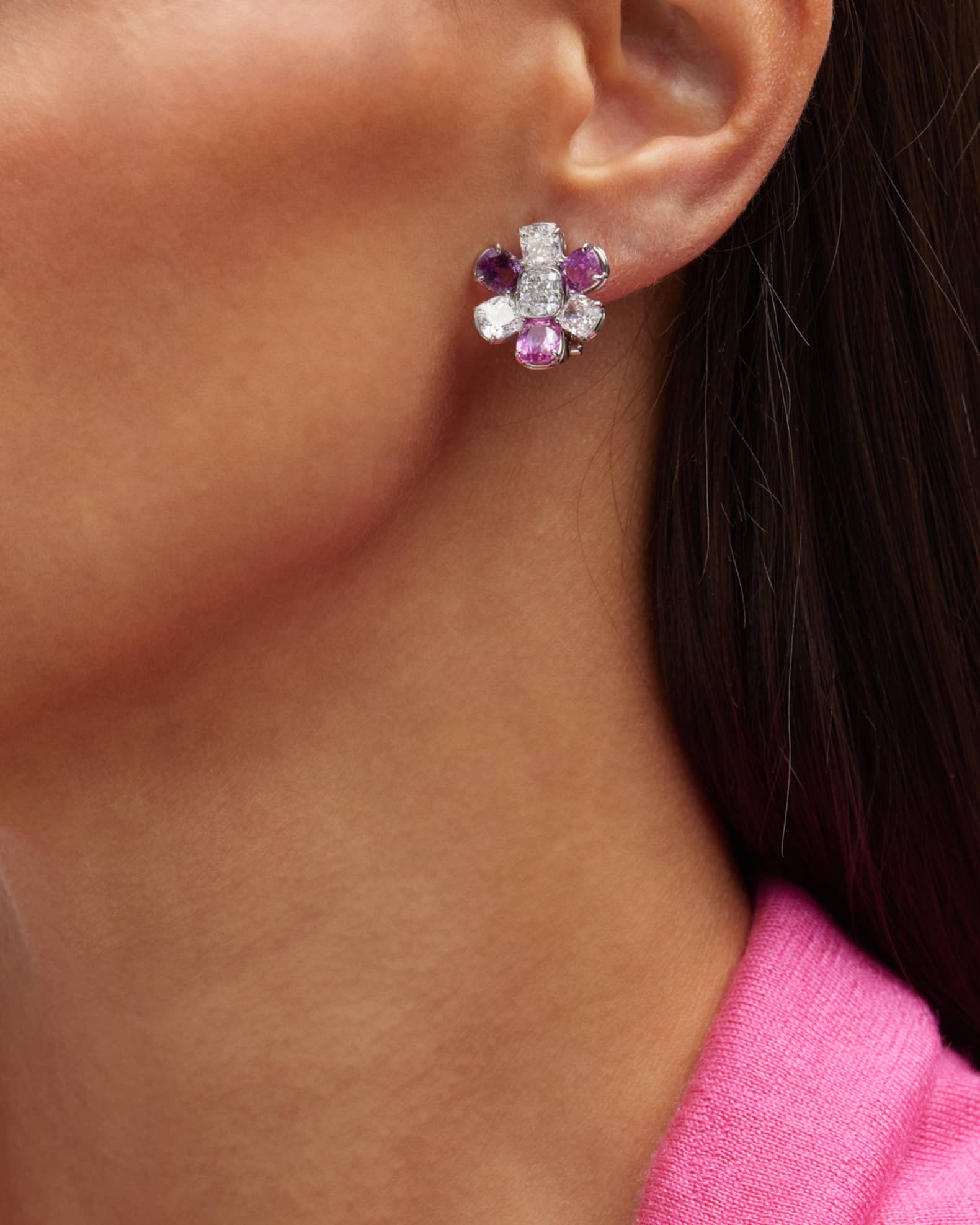 Platinum Pink Sapphire and Diamond Buttercup Cluster Earrings 1