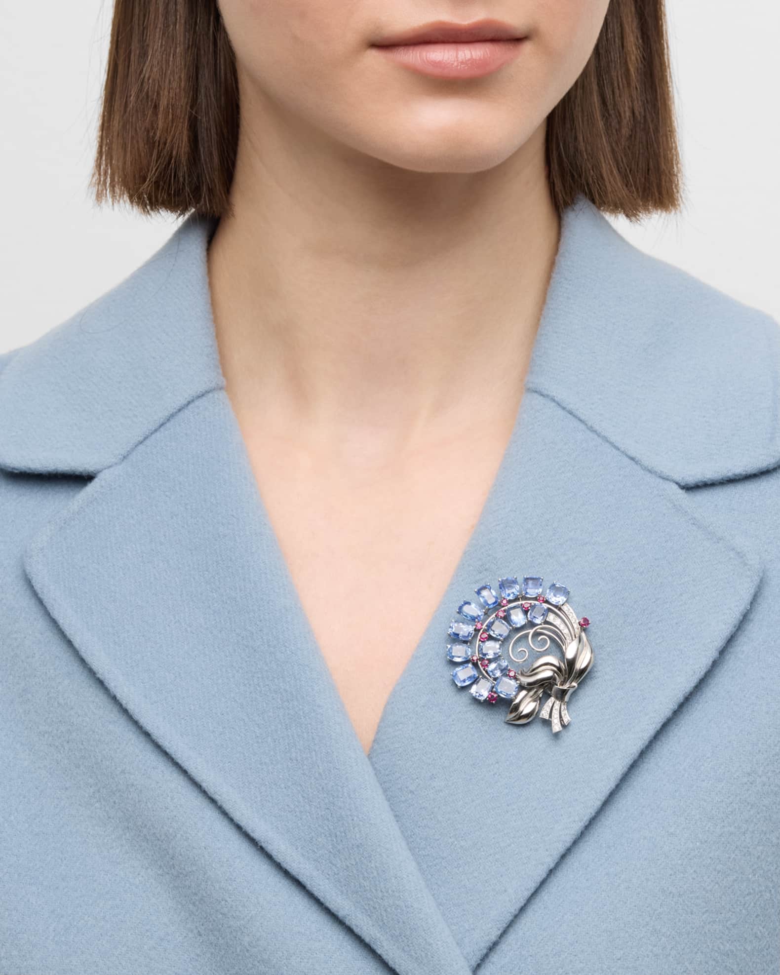 Estate Platinum and Palladium Floral Pin with Sapphires, Diamonds and Rubies 1