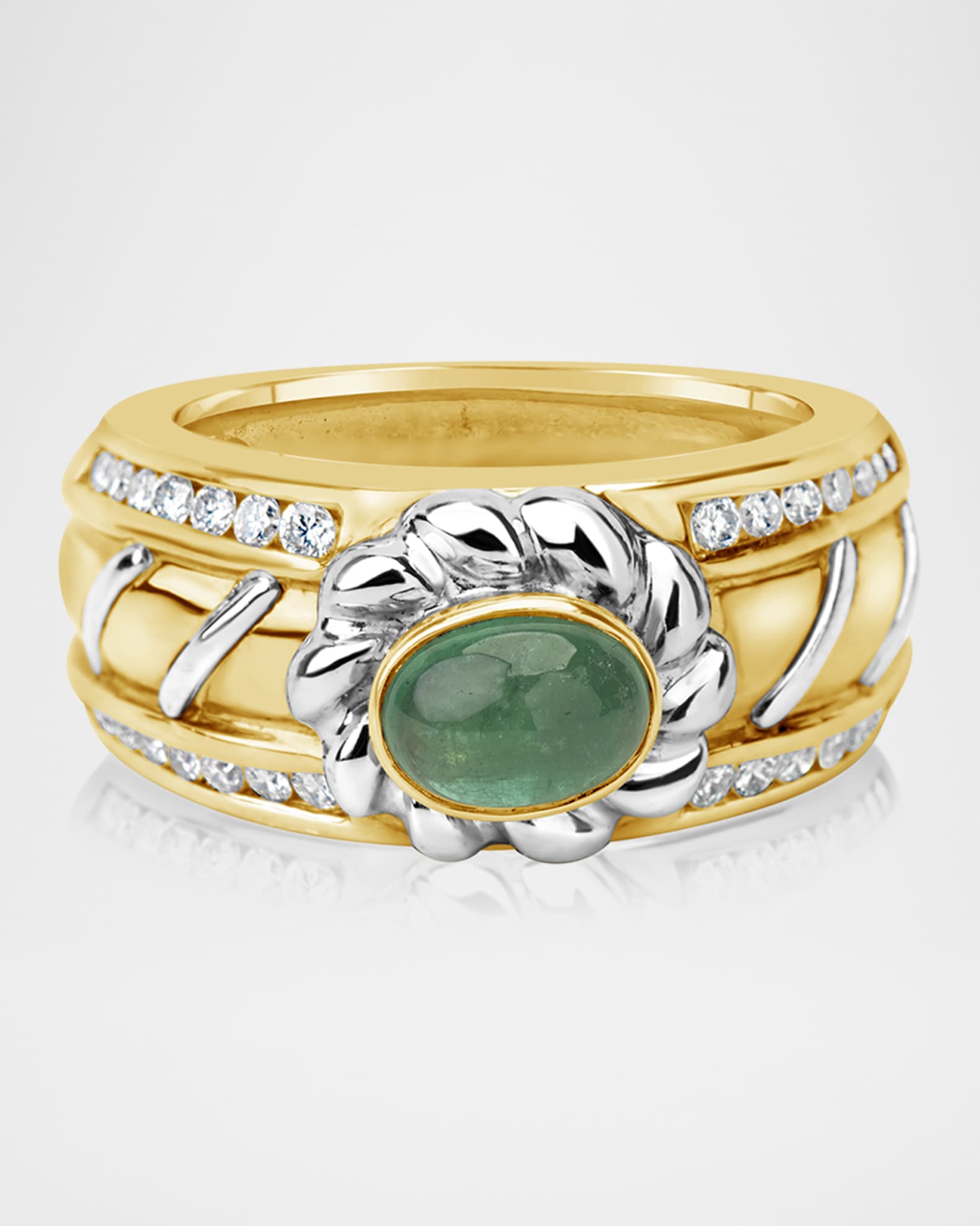 18K Oval Emerald and Diamond Band Ring, Size 6.75 0