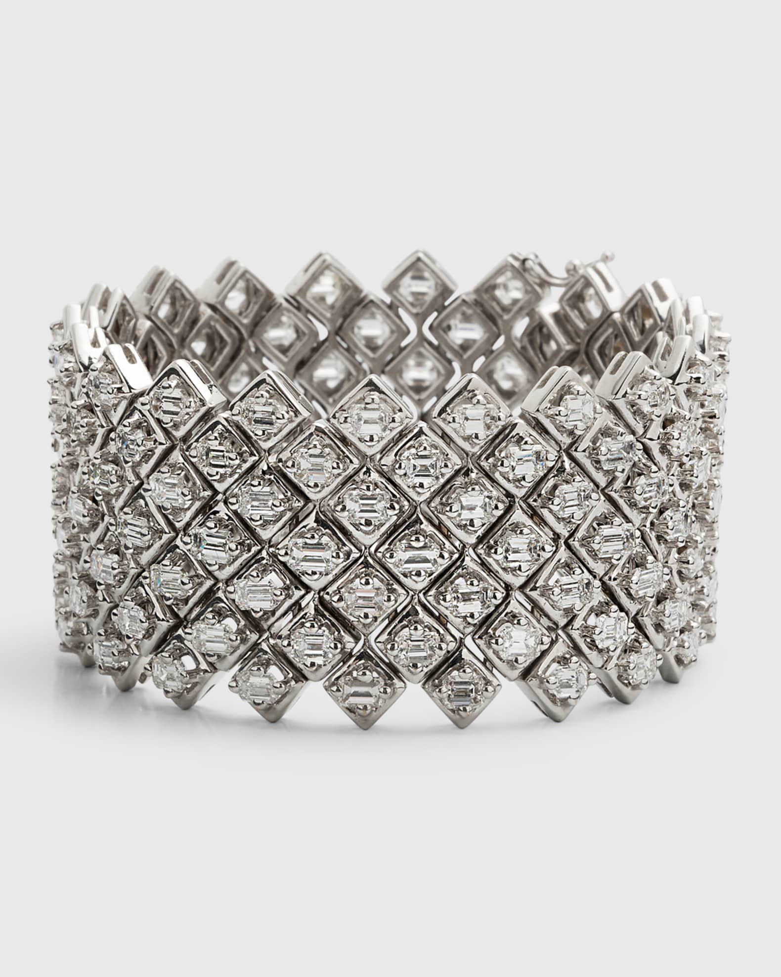 Estate Rhodium-Plated 18K Gold Emerald-Cut Diamond Wide Bracelet 0