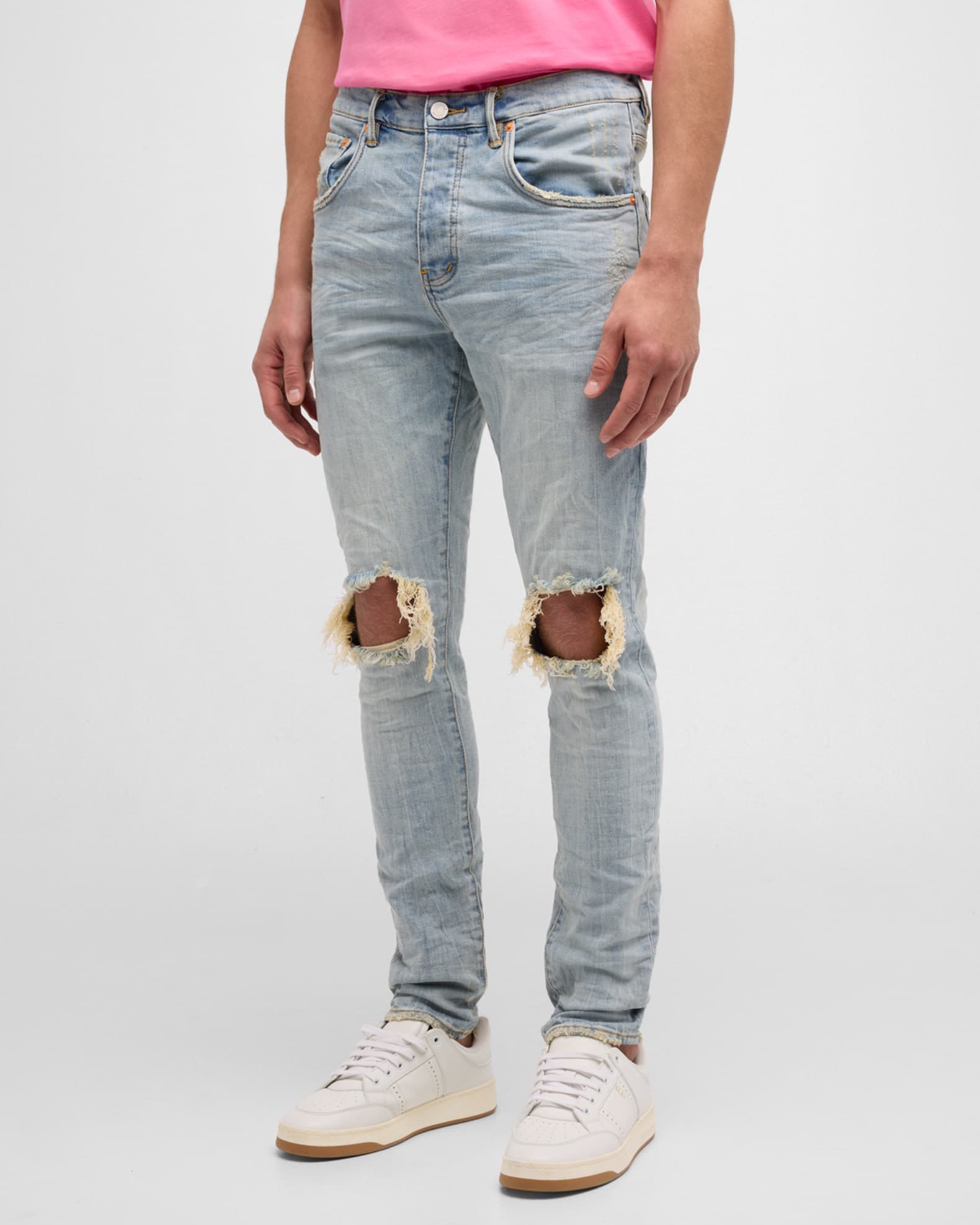 PURPLE Men's Distressed Light-Wash Denim Jeans | Neiman Marcus