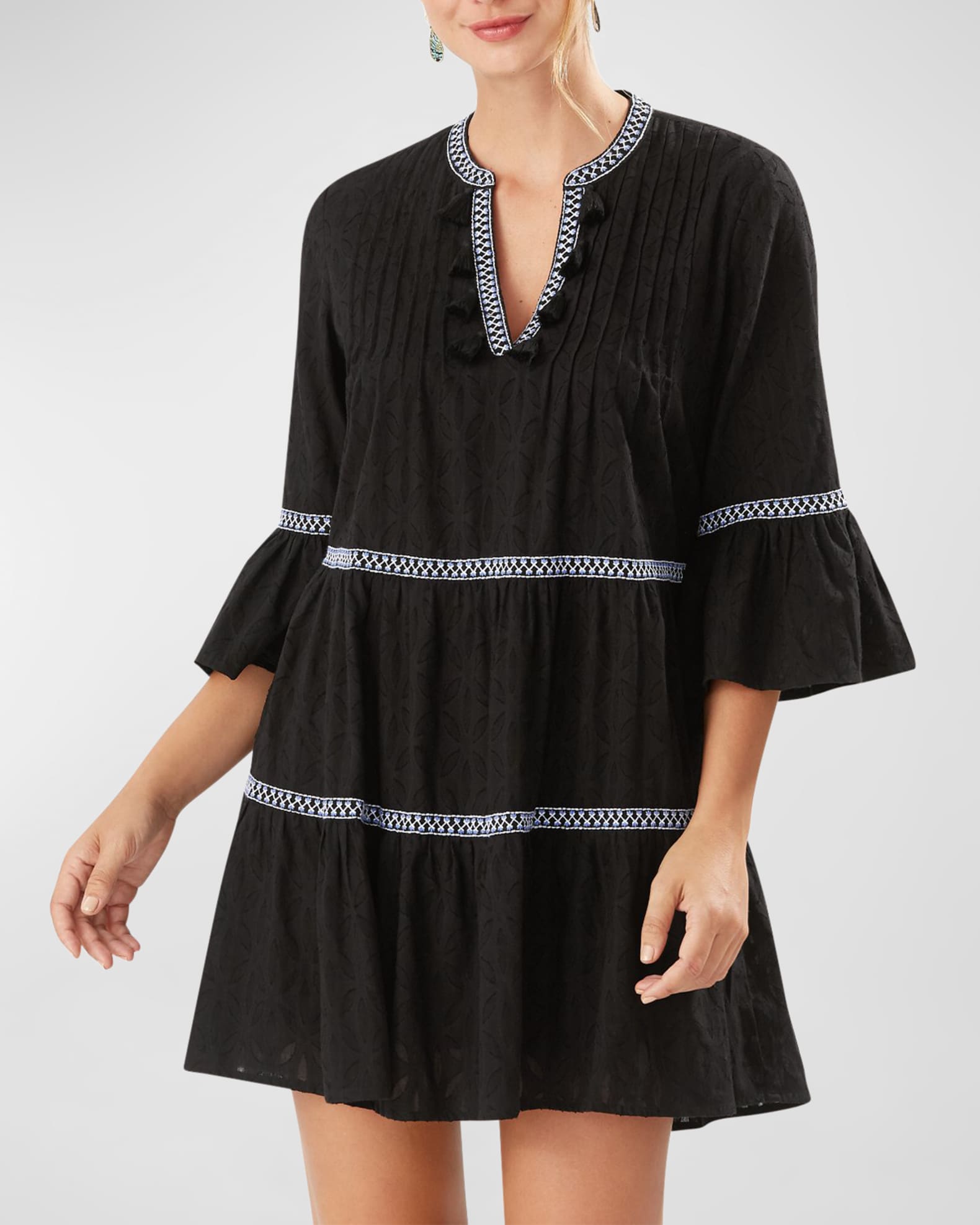 Tommy Bahama Cotton Clip Embroidered Tier Dress Black M