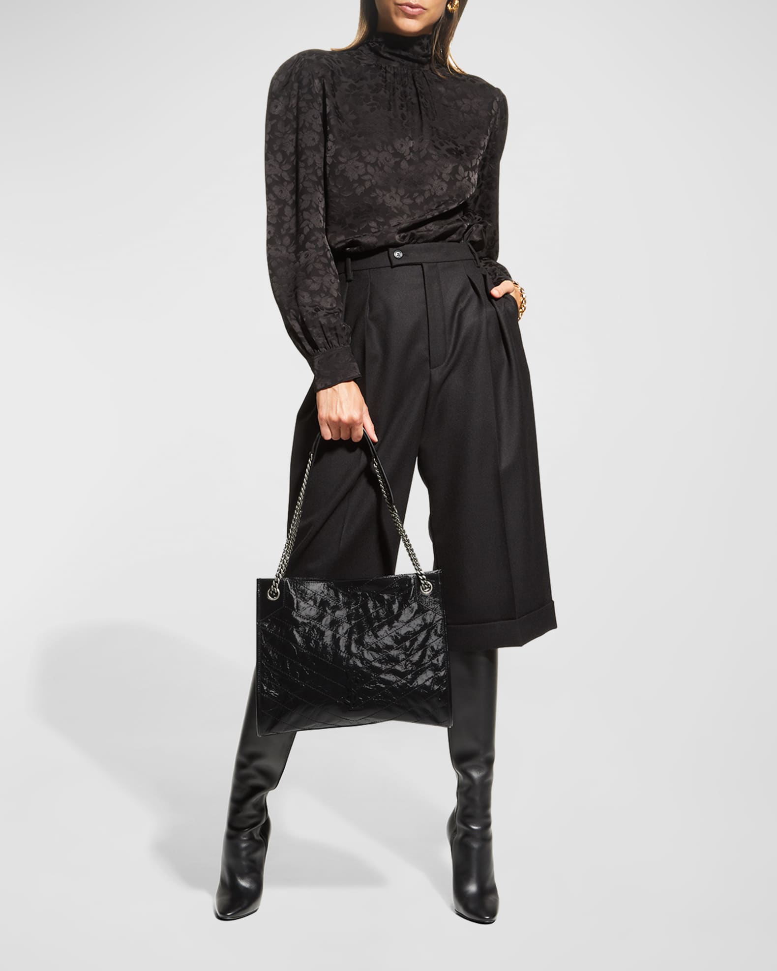Saint Laurent Niki Ysl Monogram Leather Shopping Tote Bag Black