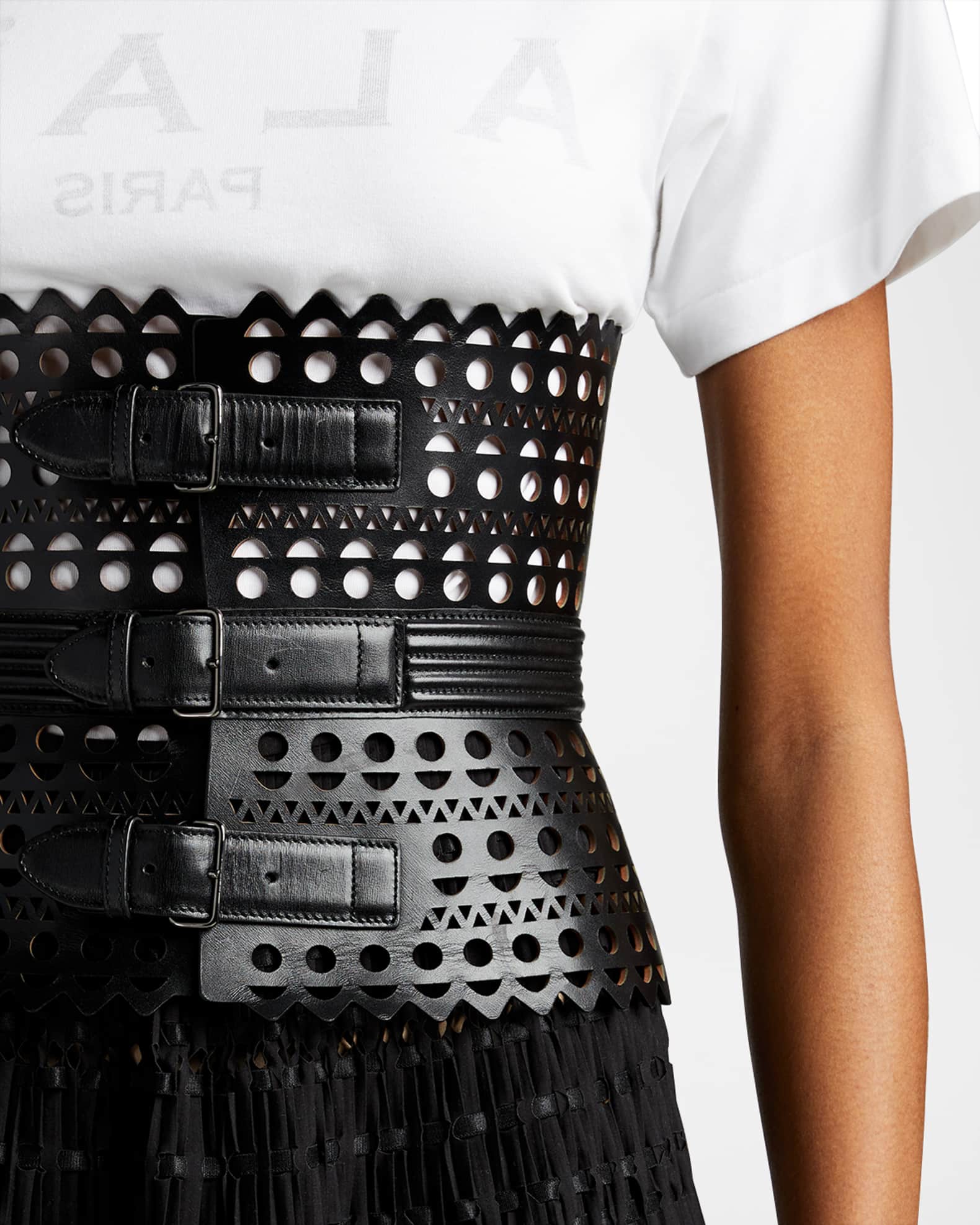 ALAIA Openwork Wide Triple-Buckle Leather Corset Belt