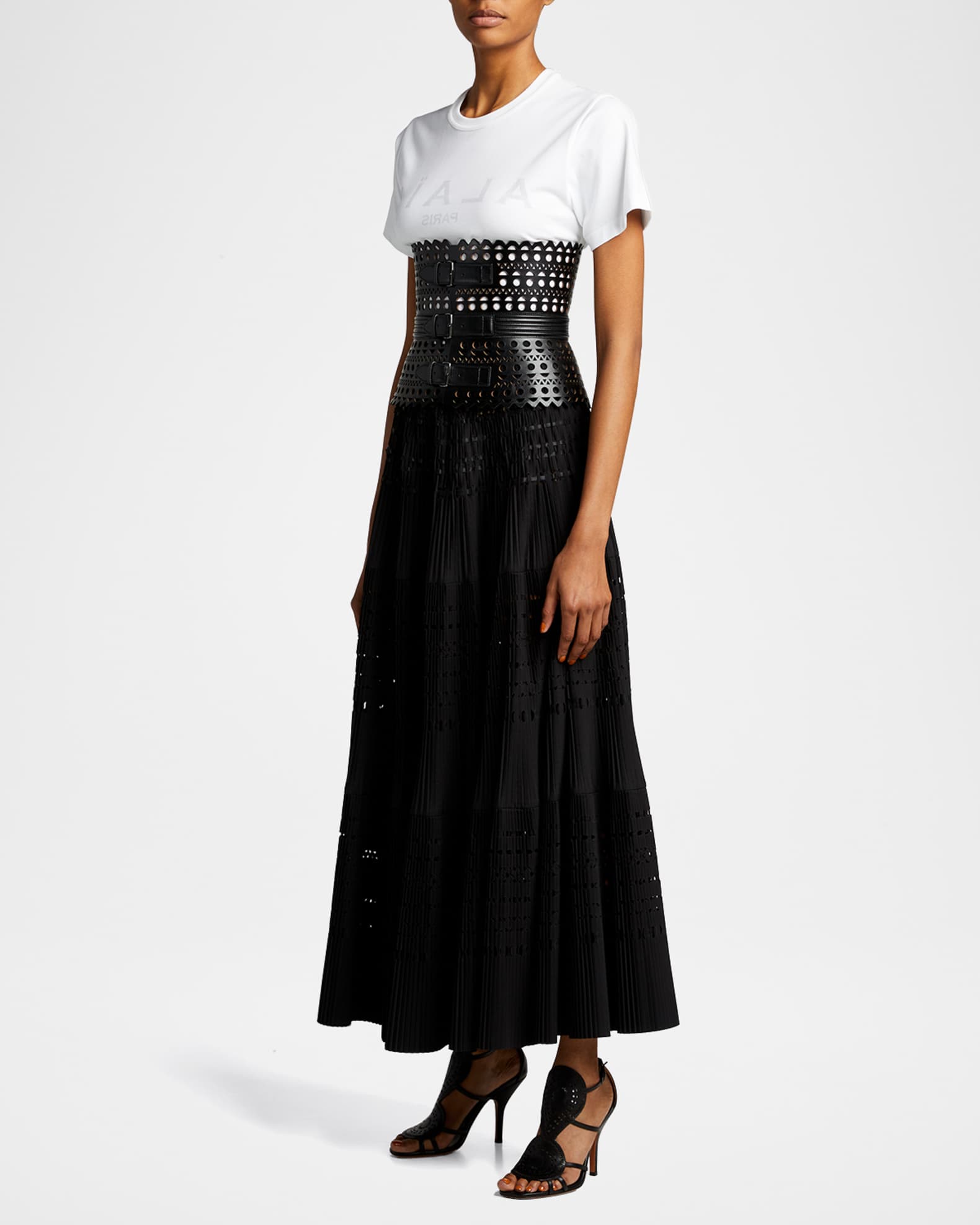 ALAIA Openwork Wide Triple-Buckle Leather Corset Belt