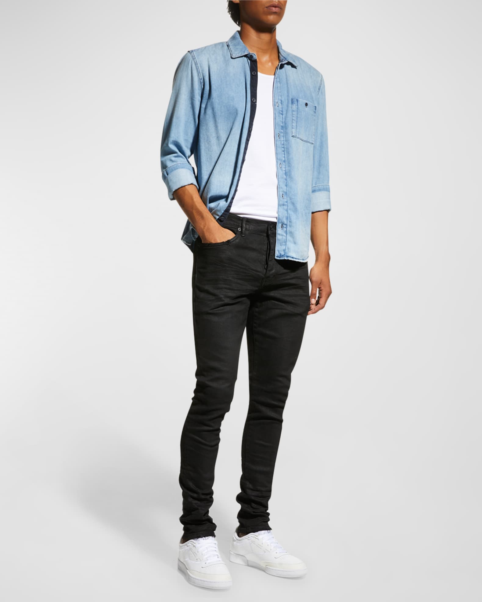 PURPLE Men's P001 Black Resin Skinny Jeans | Neiman Marcus