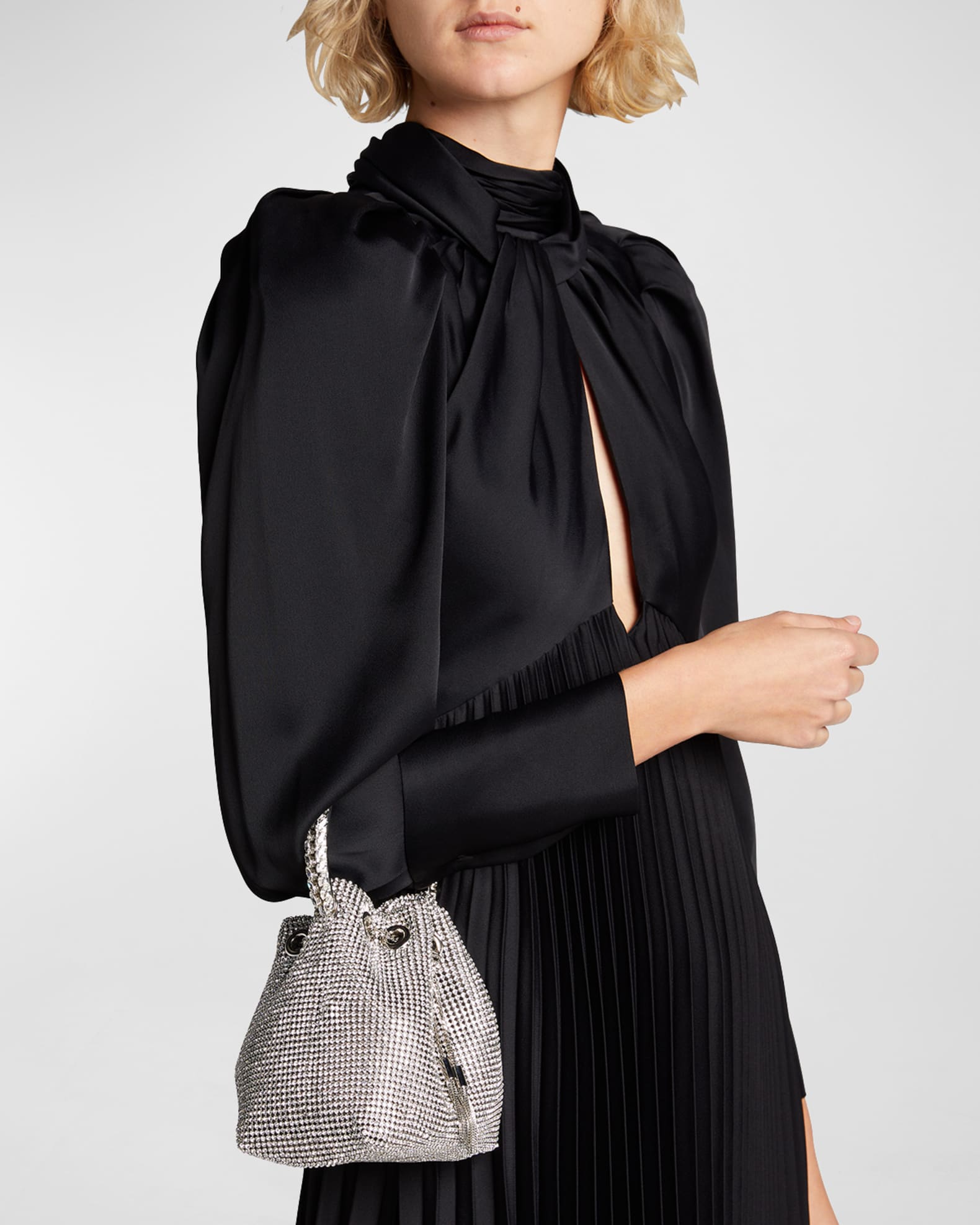 Silver Satin Crystal Mesh Bag with Crystal Handle, BON BON, Spring Summer  2021