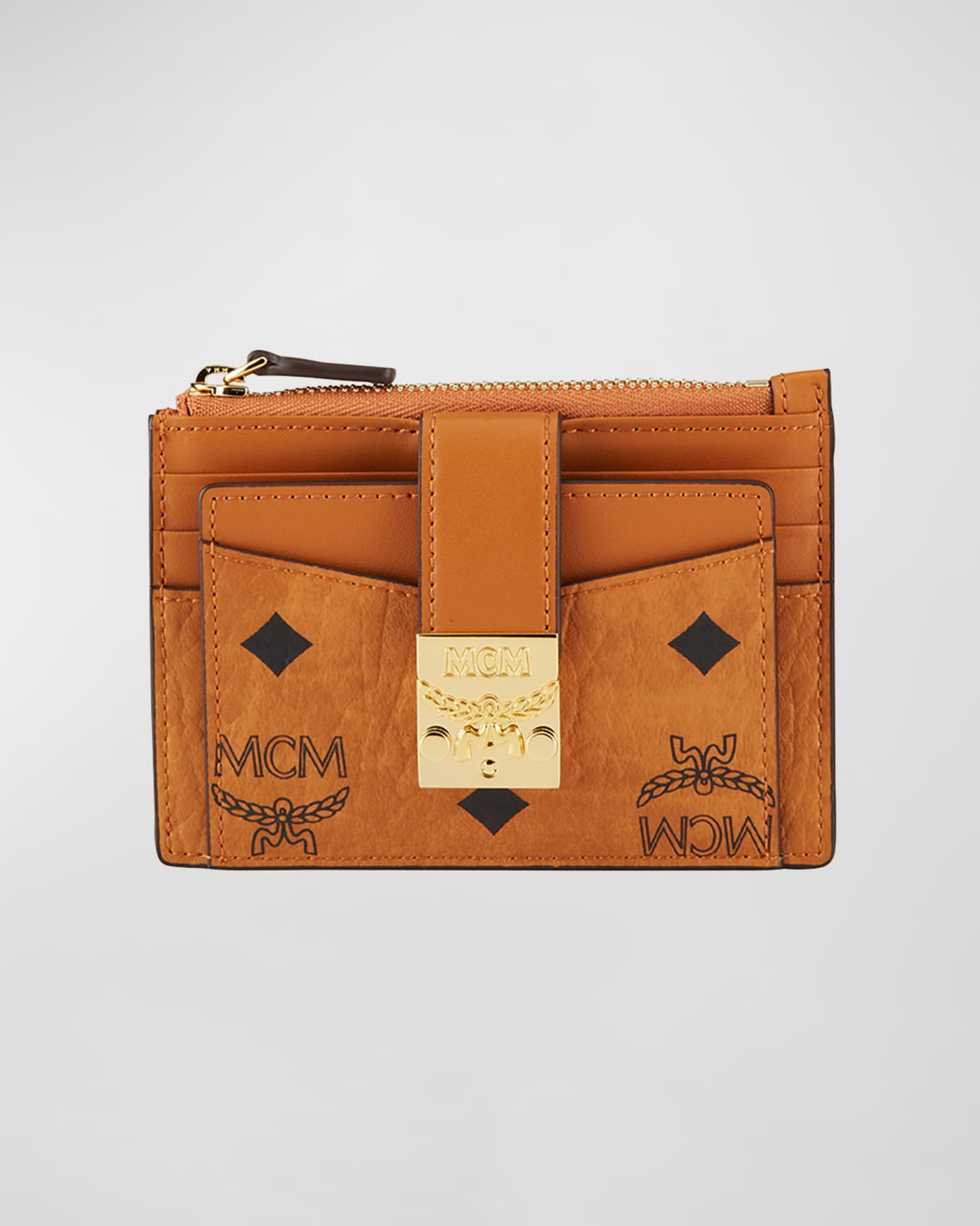 NEW Authentic MCM Zip Around Wallet in Visetos Original Cognac w/ Red
