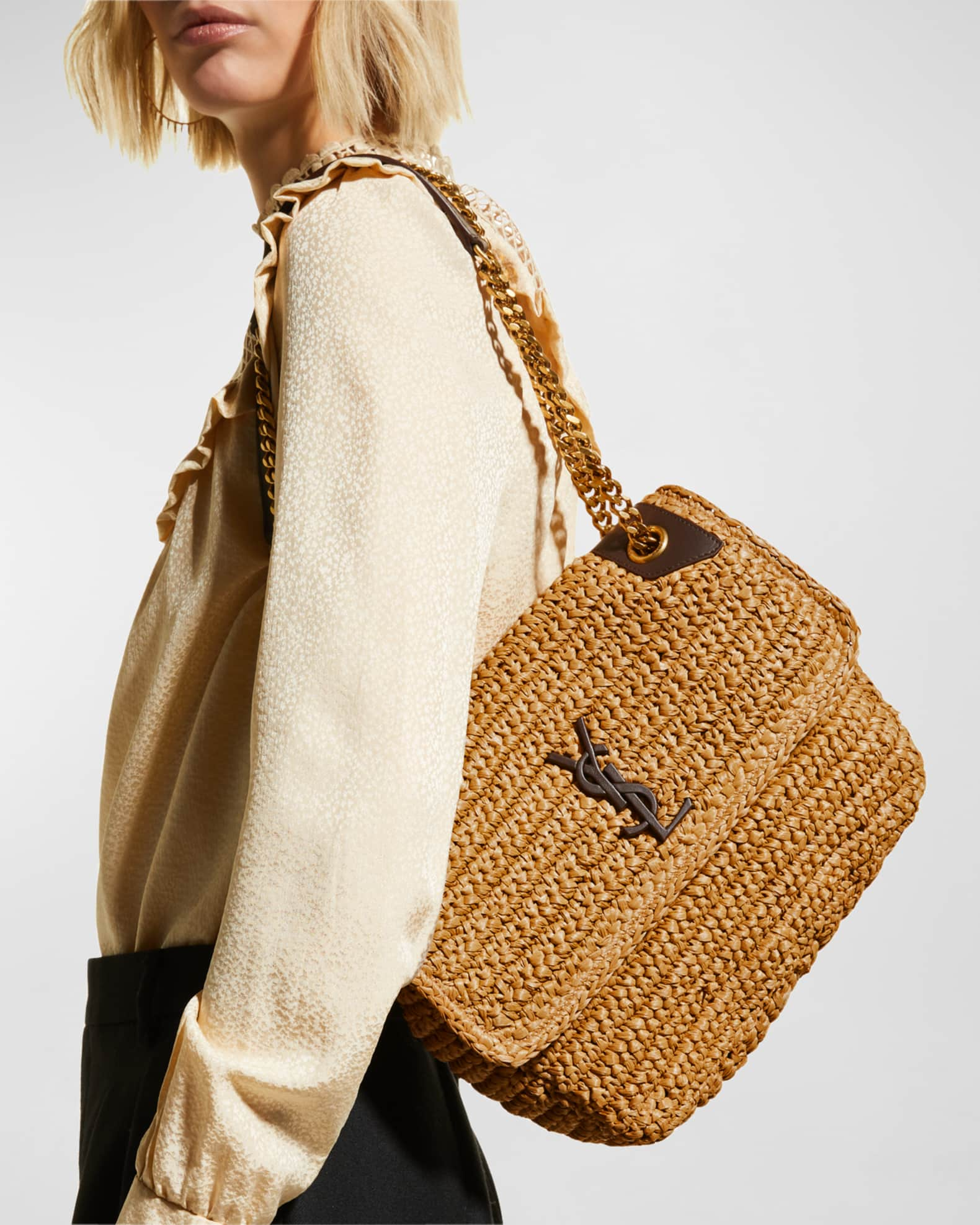 Beige YSL-plaque faux-raffia crochet tote bag, Saint Laurent