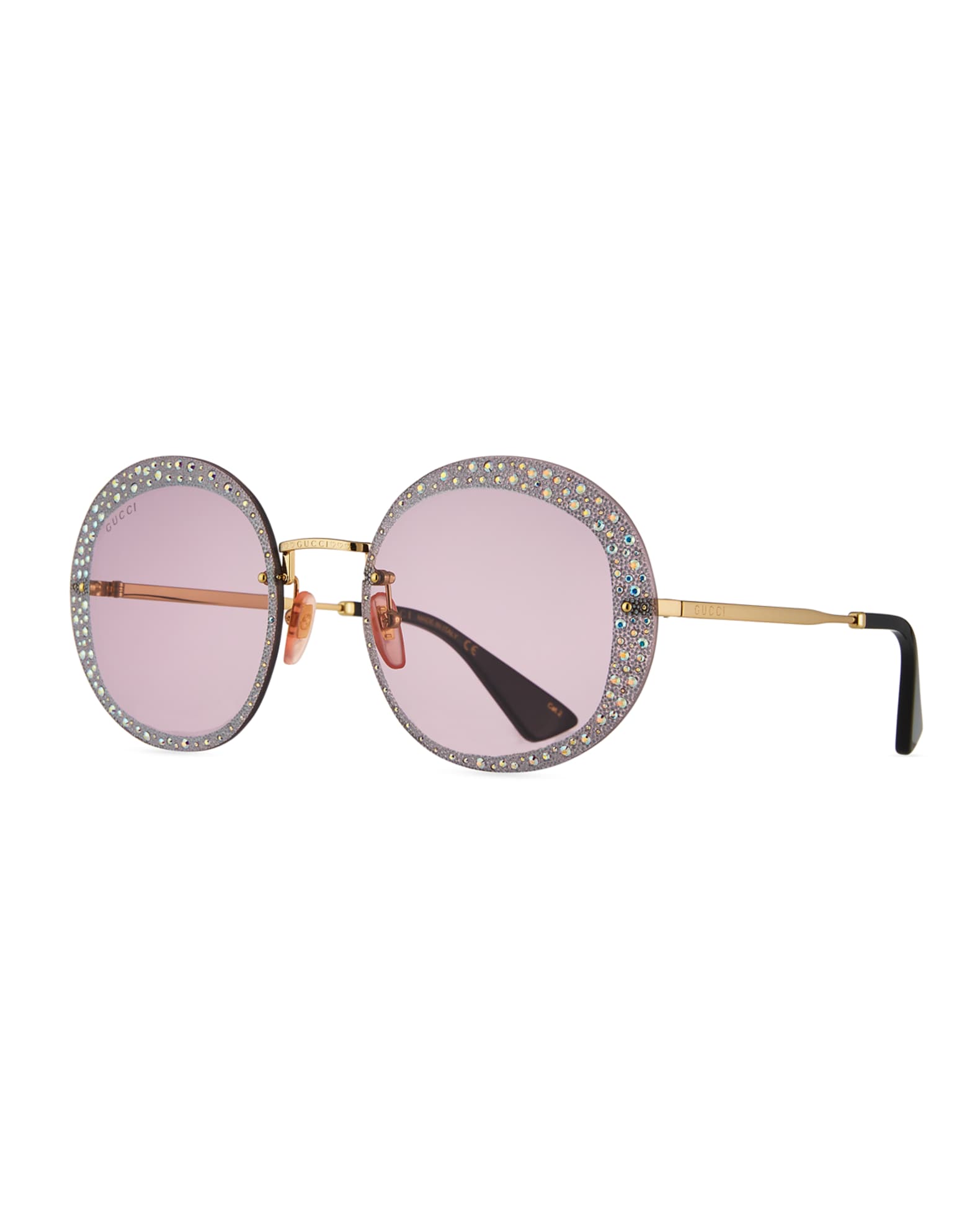 Gucci Hollywood Forever Rimless Round Metal Sunglasses With Crystals