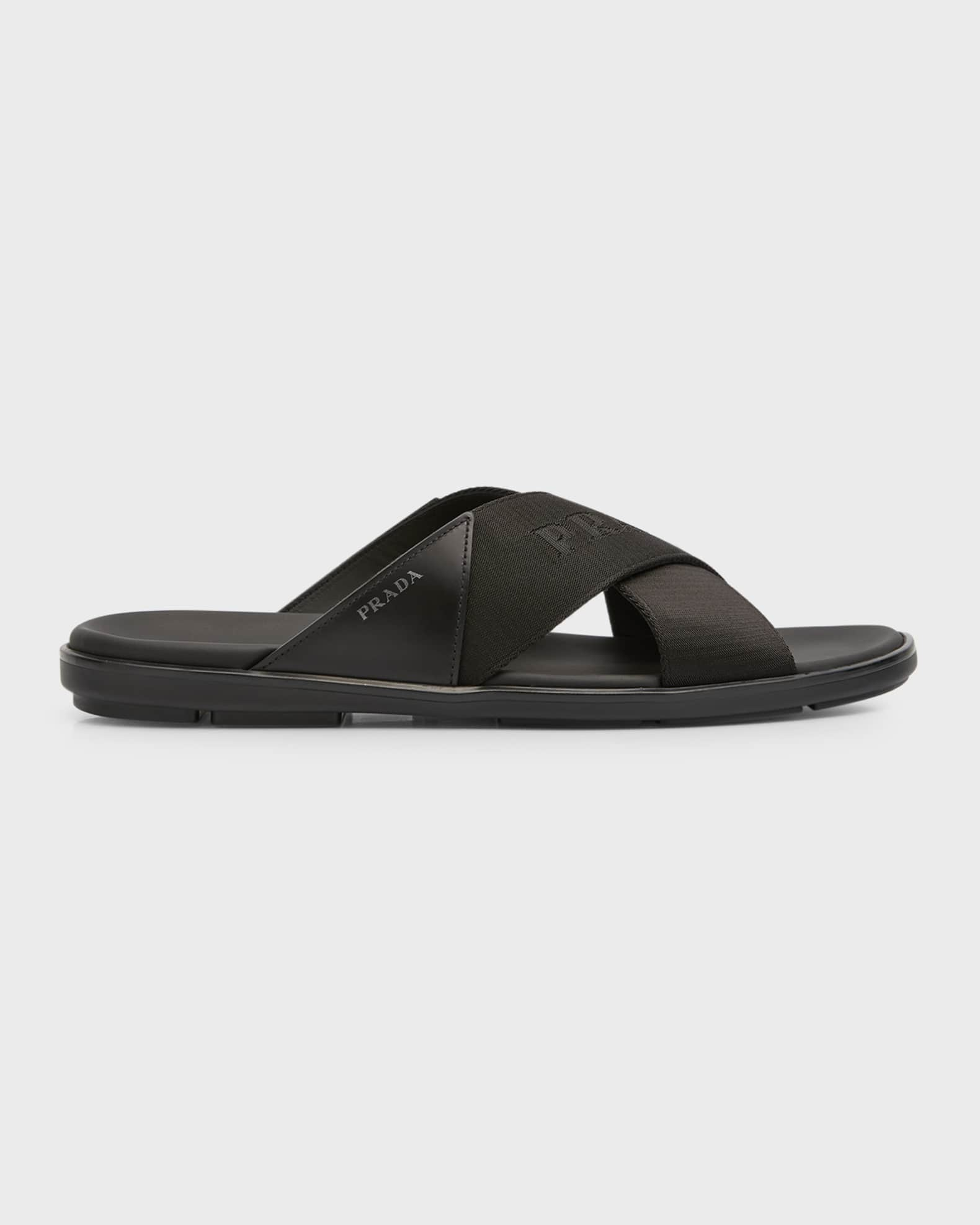 Prada Men's Nastro Web Logo Slide Sandals | Neiman Marcus