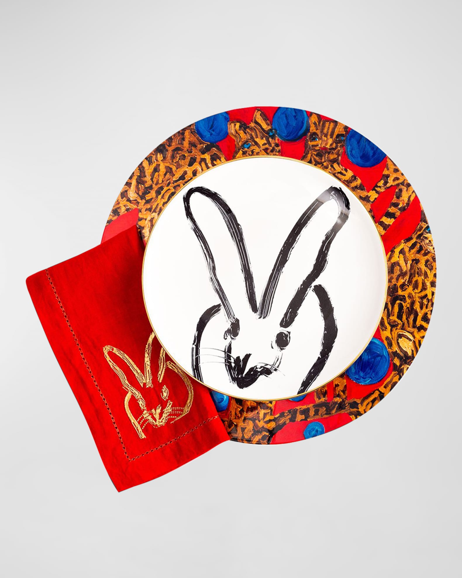 Hunt Slonem Painted Bunny Embroidered Dinner Napkin, Red/Gold