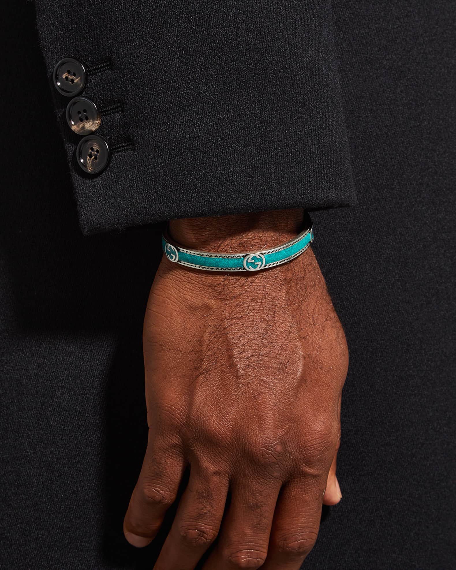 Gucci Men s Interlocking G Silver Enamel Cuff Bracelet Size 7 7.5 Neiman Marcus