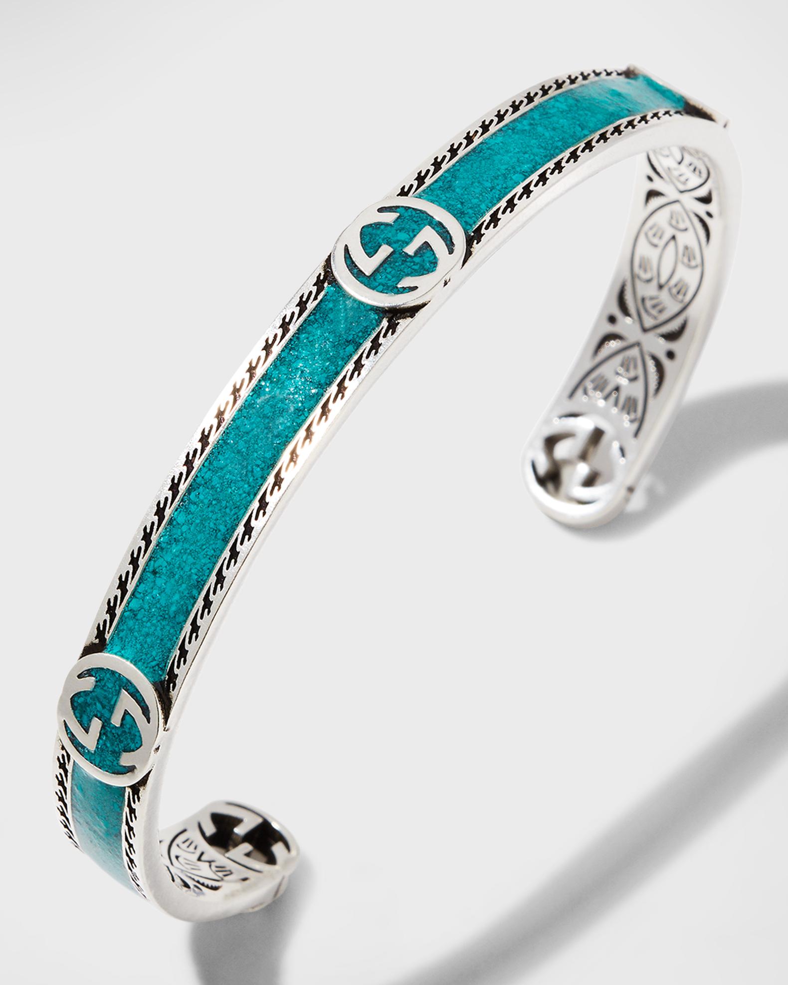 Gucci Men's Interlocking G Silver & Enamel Cuff Bracelet, Size 7