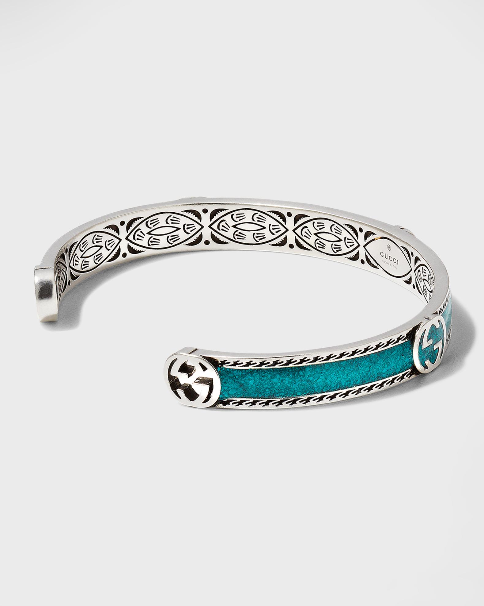 Gucci Men's Interlocking G Silver & Enamel Cuff Bracelet, Size 7