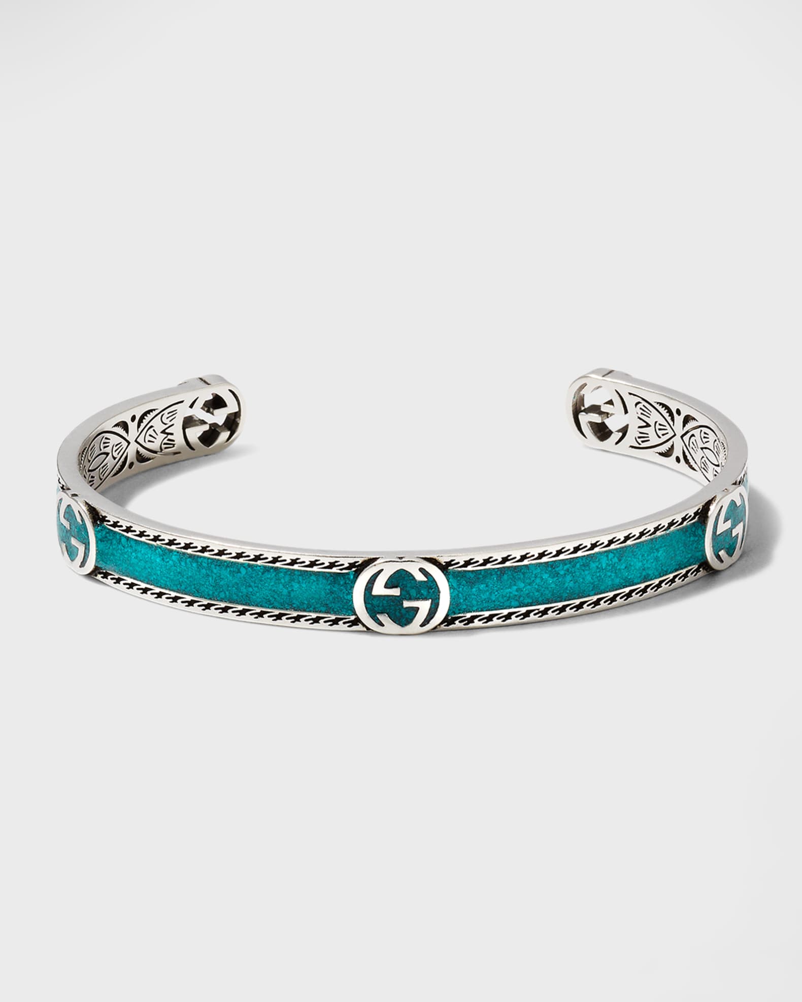 アクセサリー GUCCI Mint Interlocking GG Bangle 925 Gucci Men's Interlocking G Silver & Enamel Cuff Bracelet, Size 7