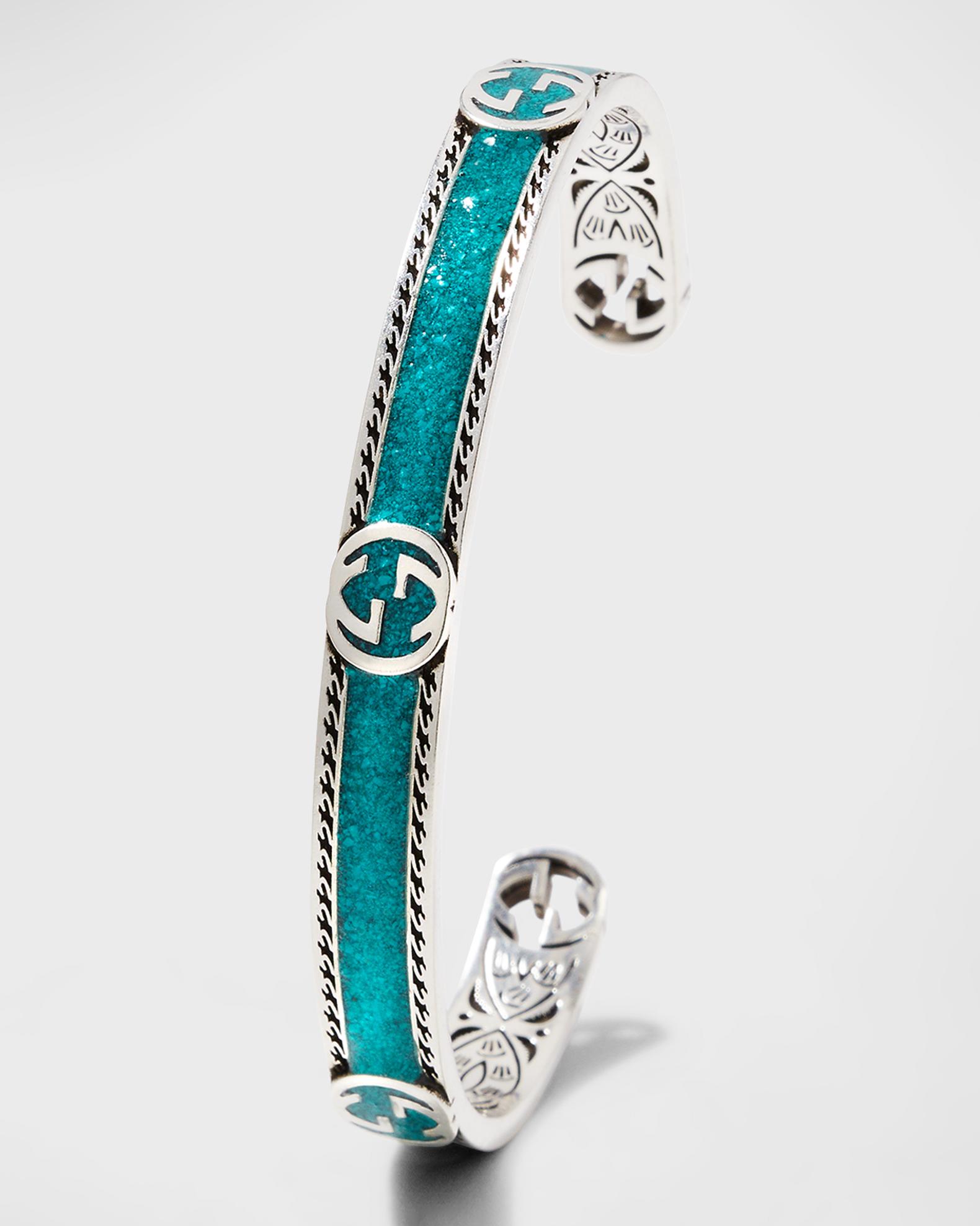 Gucci Men's Interlocking G Silver & Enamel Cuff Bracelet, Size 7