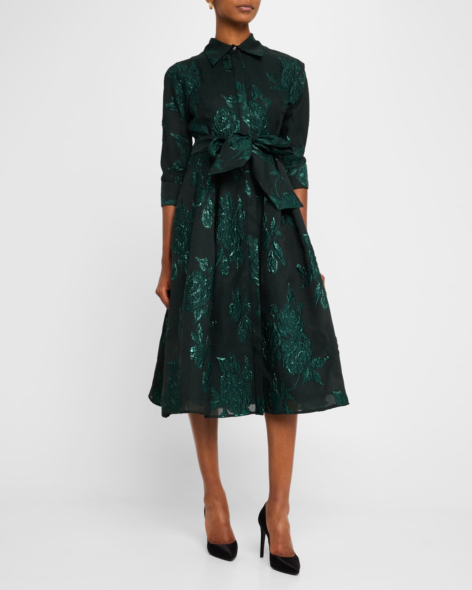 Rickie Freeman for Teri Jon Metallic Jacquard Belted Shirtdress Neiman Marcus