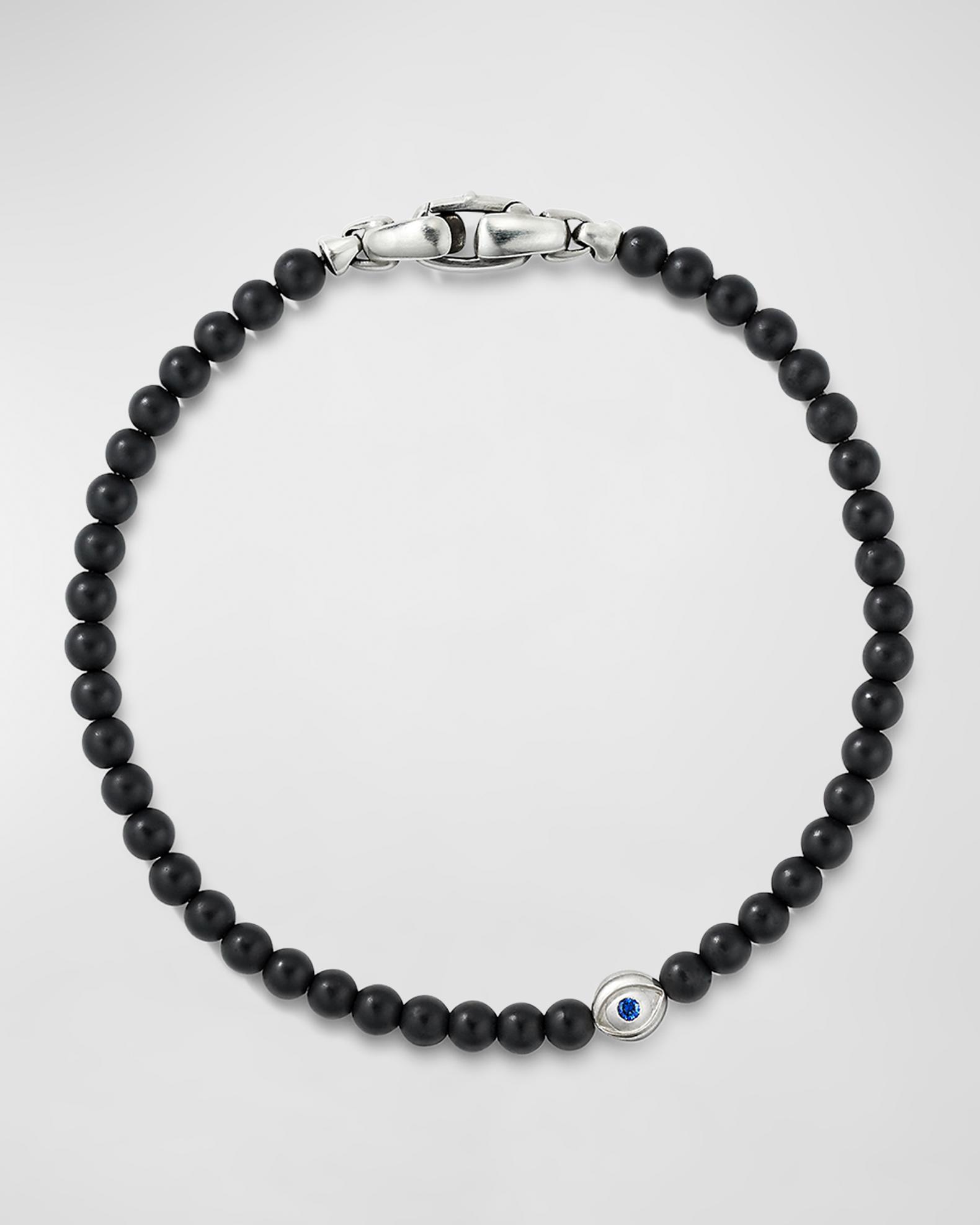 Cool Steel And Beyond Black Lava Stone Bracelet With Evil Eye Bead - Stretchable Protection Mala For Men & Women
