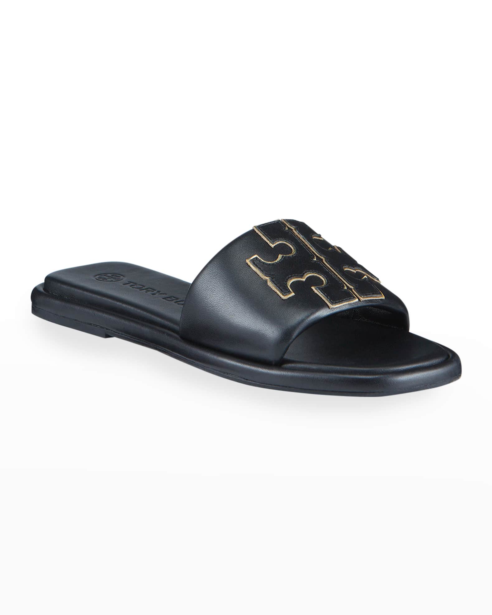 Tory Burch Double T Leather Medallion Slide Sandals | Neiman Marcus