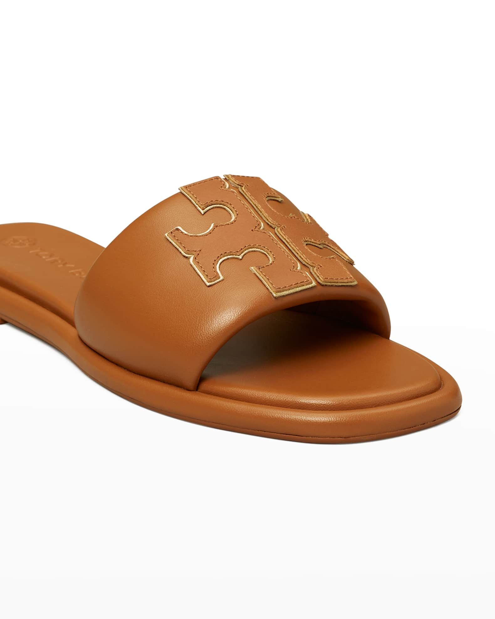 Tory Burch Double T Leather Medallion Slide Sandals | Neiman Marcus