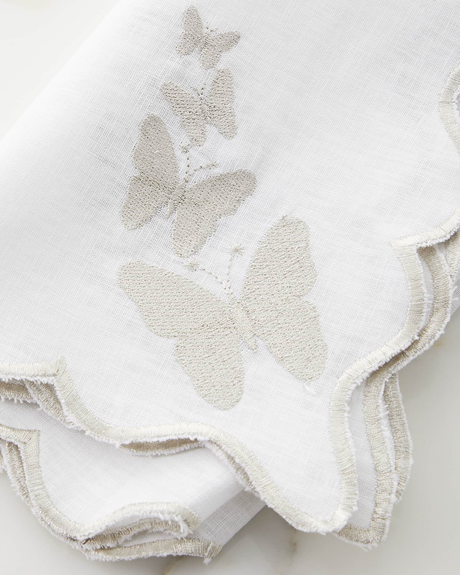 White Linen Silver Butterfly Scalloped Edged Embroidered Napkin 1