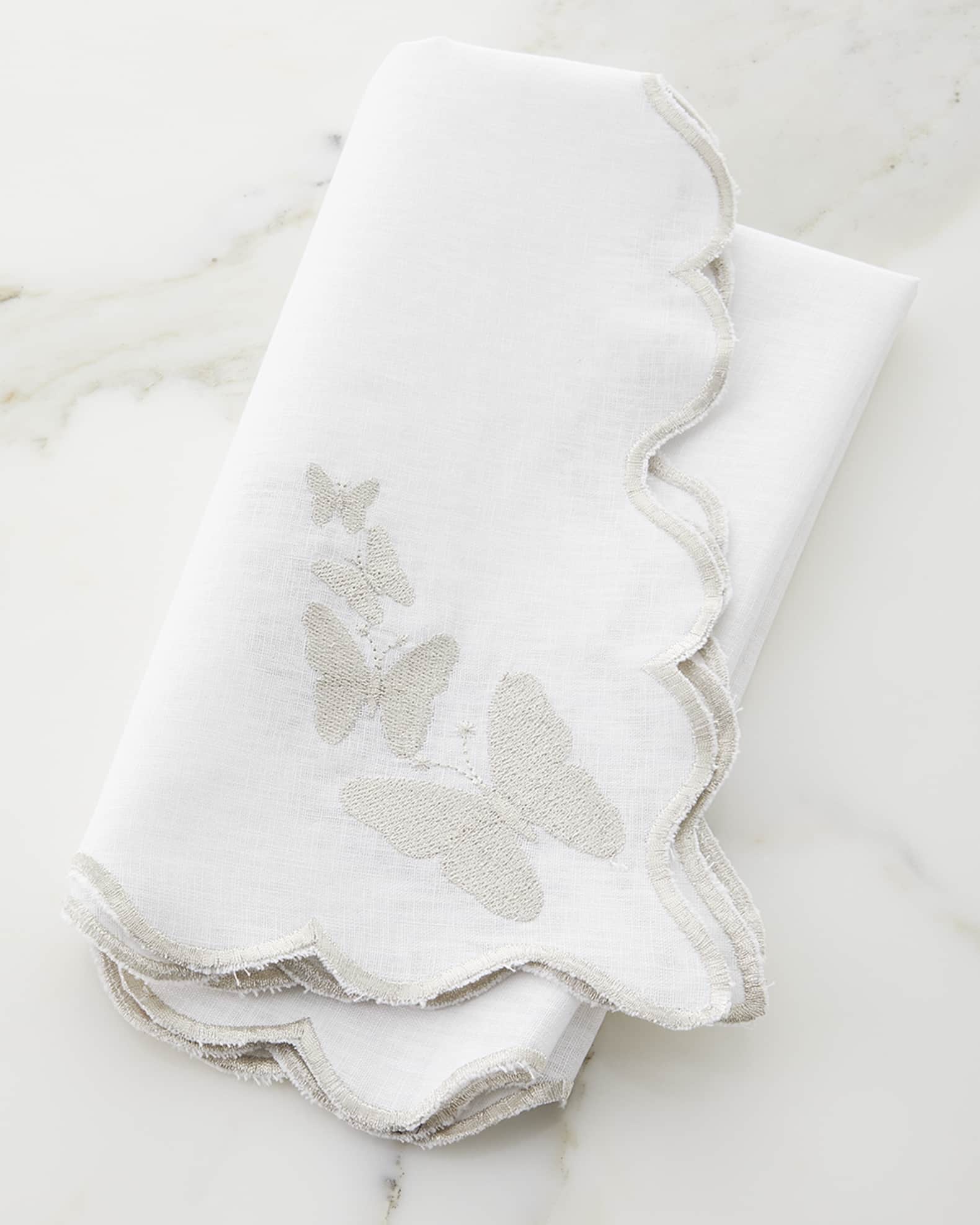 White Linen Silver Butterfly Scalloped Edged Embroidered Napkin 0