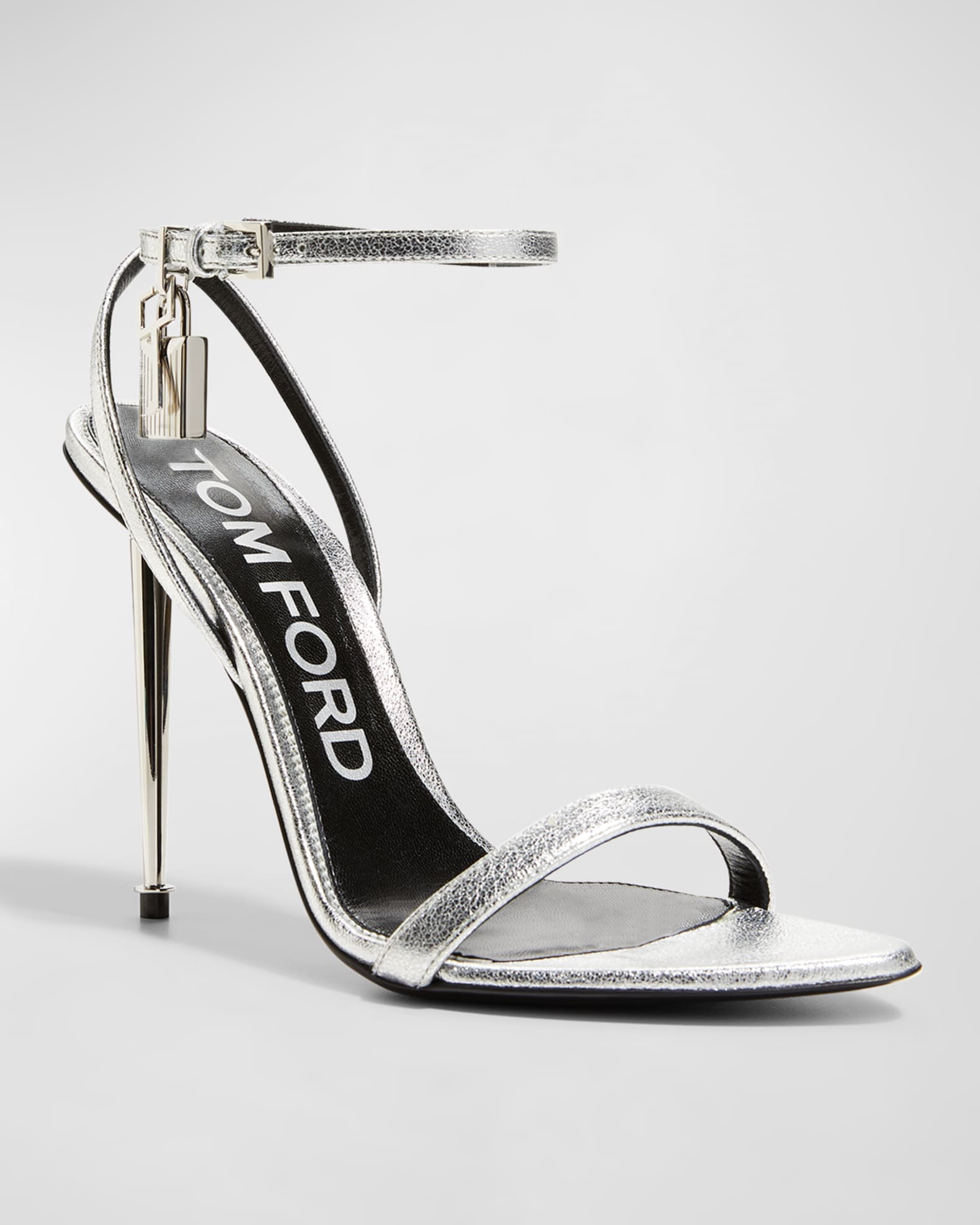 Tom Ford Padlock Metallic Stiletto Sandals Silver