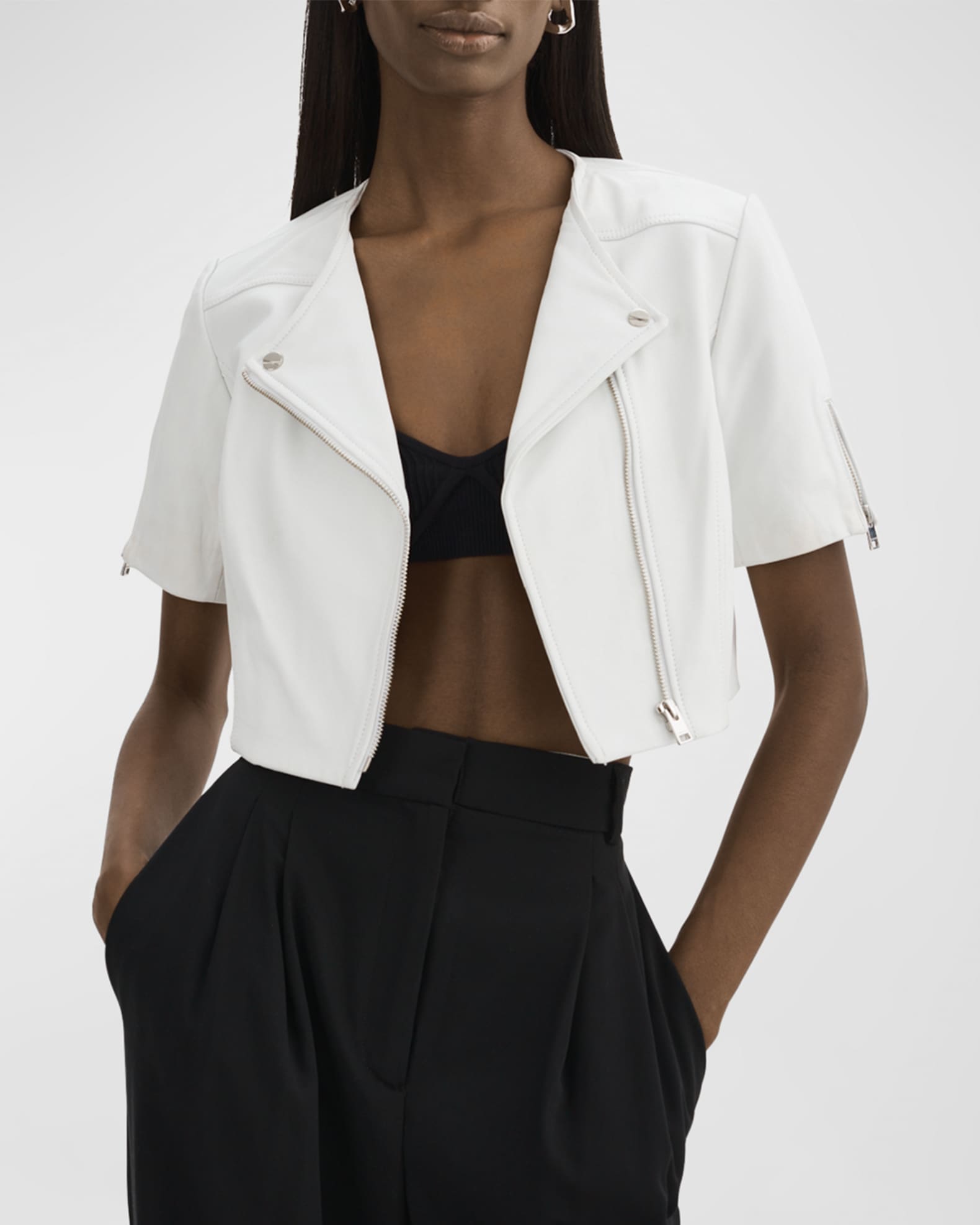 Cropped Leather Biker Jacket in White - Alaia