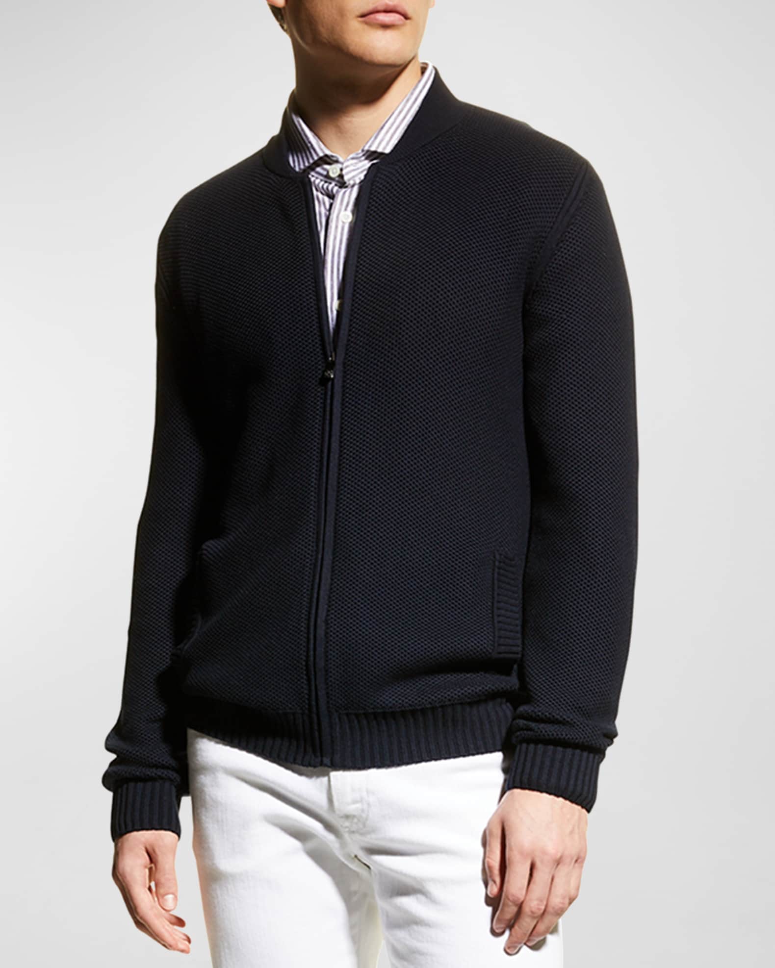 Men s Silk Cotton Pique Zip Front Cardigan