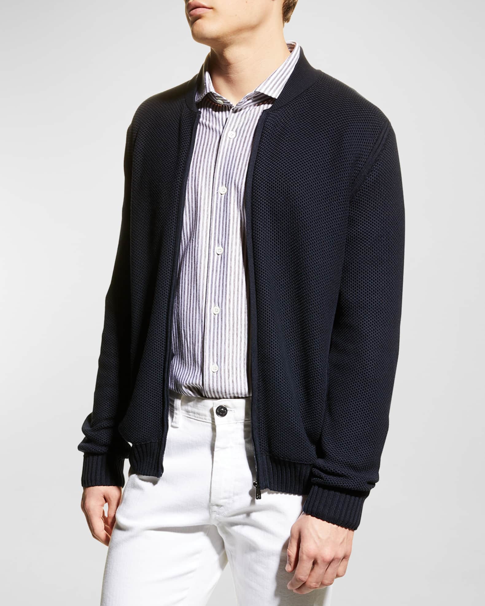 Corneliani Men's Silk/Cotton Pique Zip-Front Cardigan | Neiman Marcus