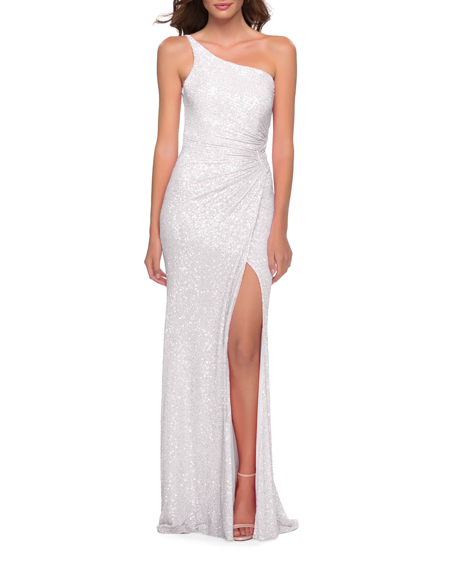 La Femme One-Shoulder Sequined Ruched Gown with Open Back | Neiman Marcus