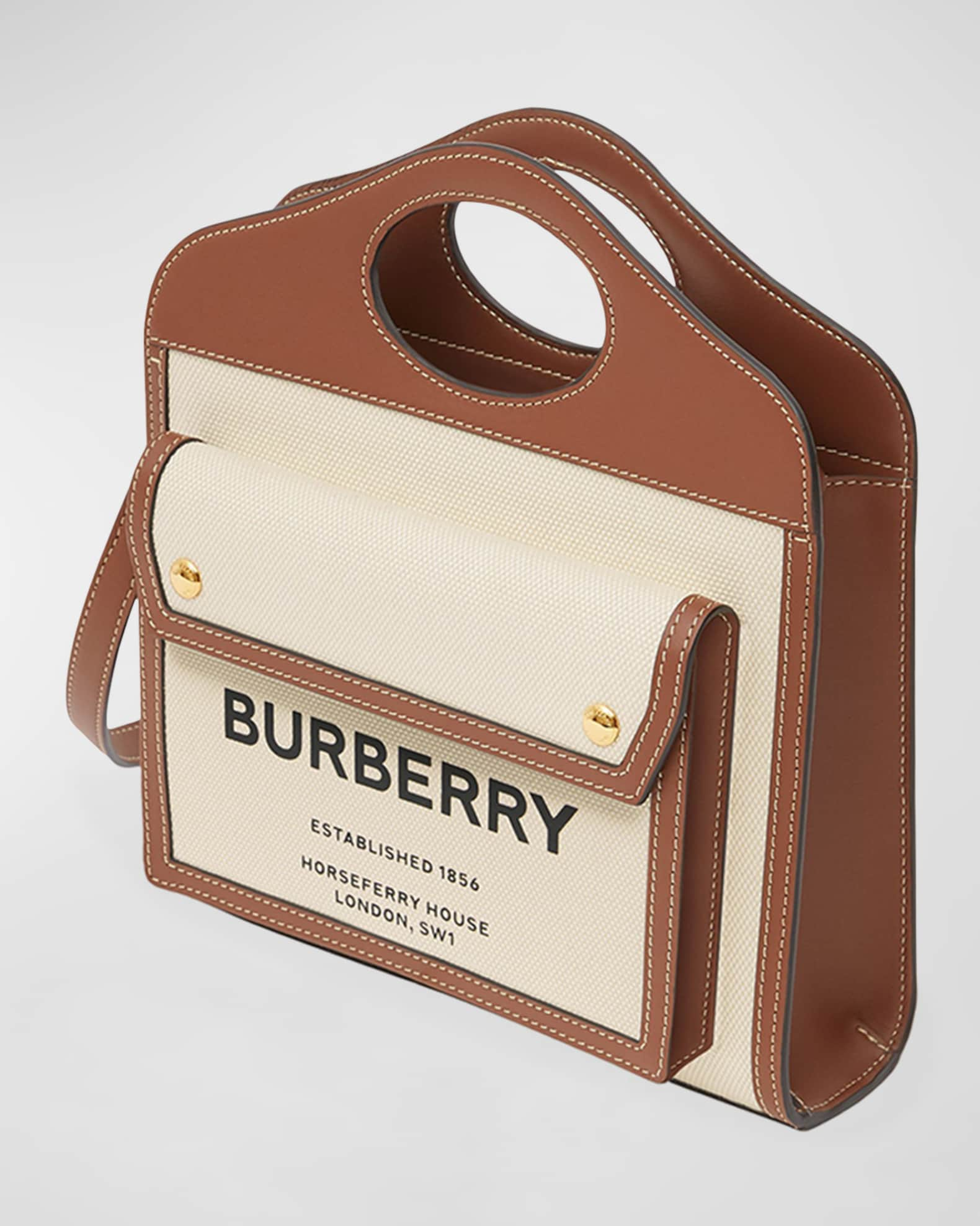 Burberry Mini Logo Graphic Canvas Leather Pocket Tote Bag Natural