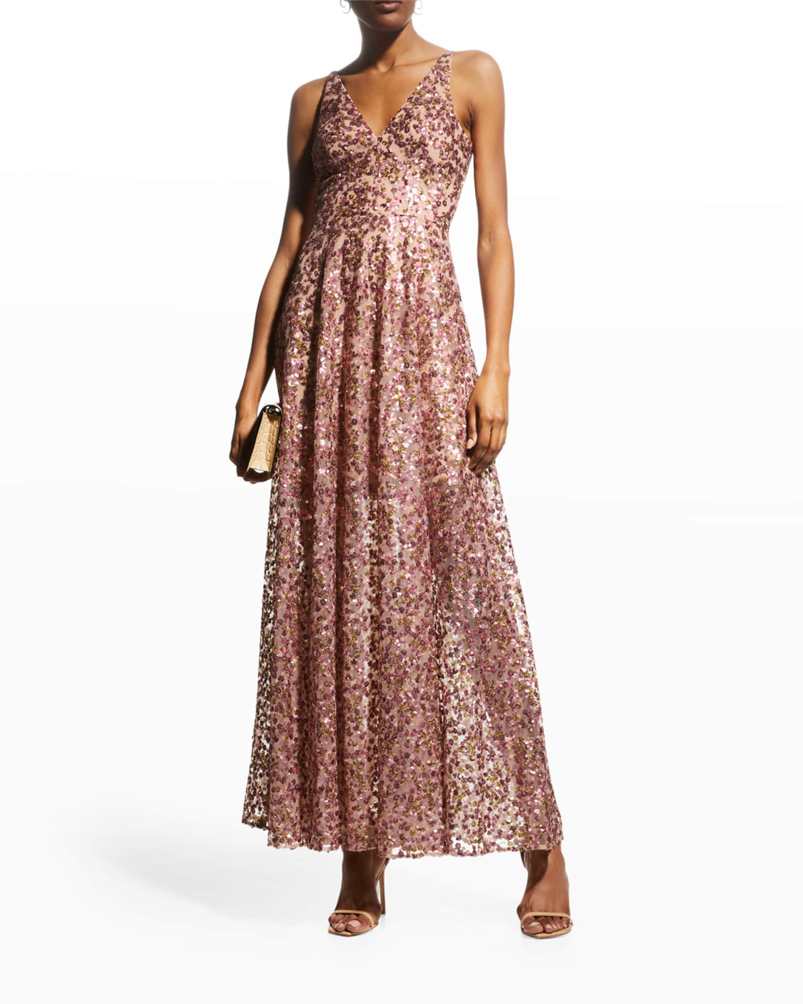Dress The Population Ariyah V-Neck Sequin A-Line Gown | Neiman Marcus