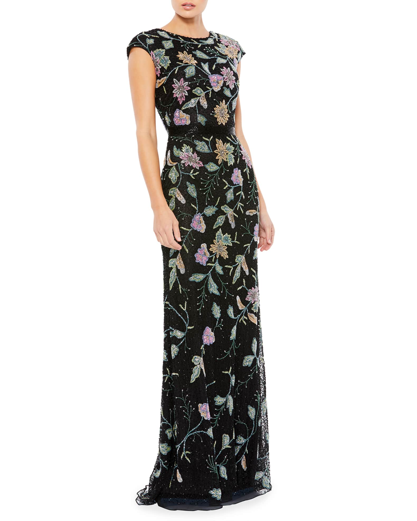Mac Duggal Floral Bugle Beaded Cap-Sleeve Column Gown | Neiman Marcus