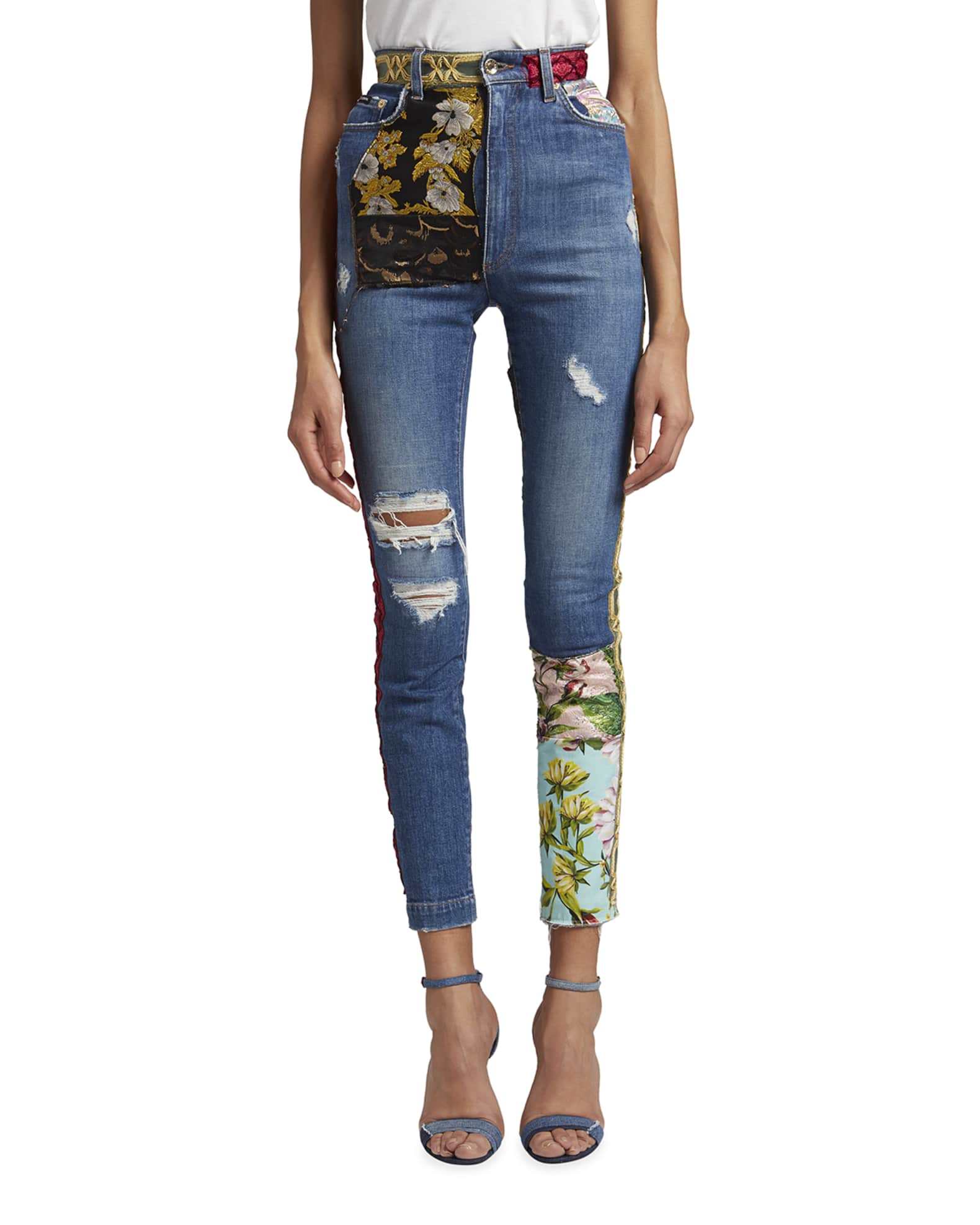 Dolce&Gabbana Patchwork Distressed Skinny Jeans Neiman Marcus