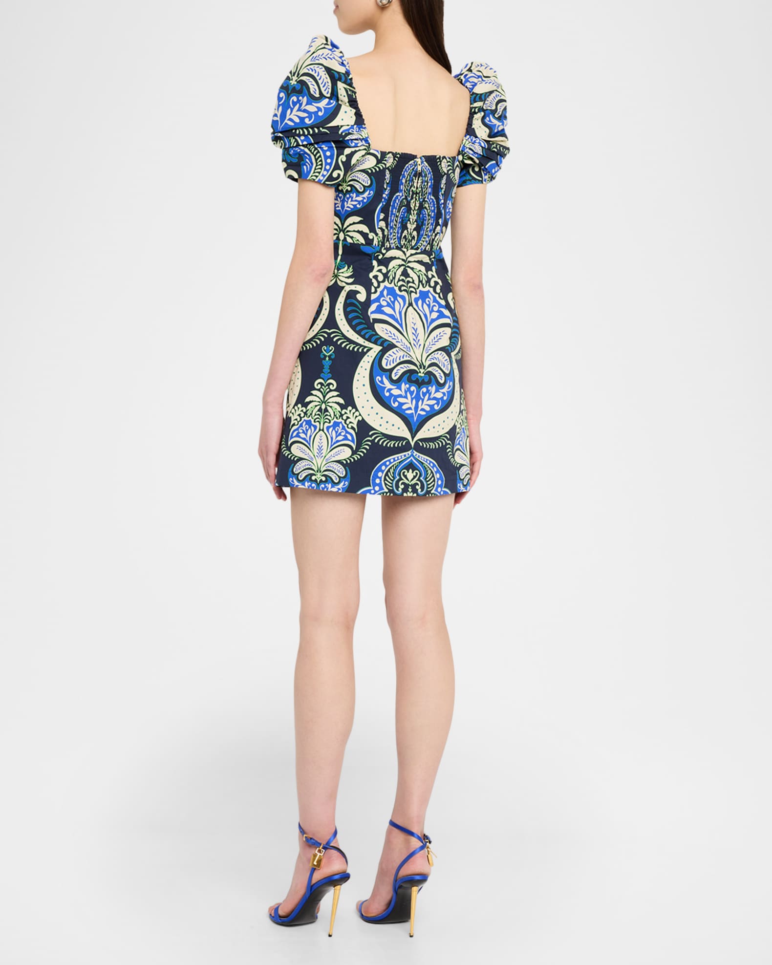 Cara Cara Kelly Blue Tile Print Puff-Sleeve Dress | Neiman Marcus