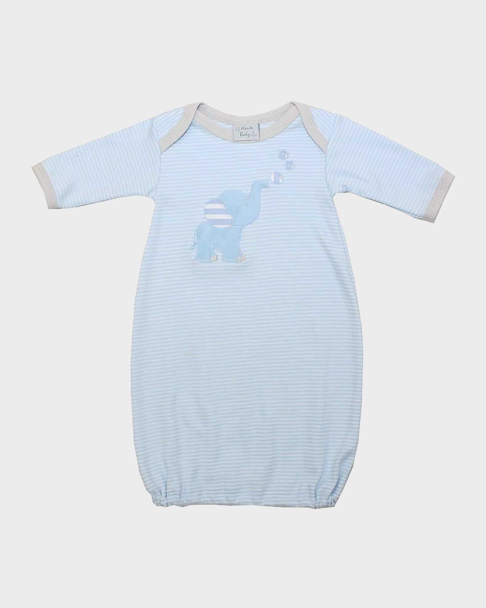 Boy's Striped Elephant Embroidered Gown w/ Baby Hat, Size 0-3M 0