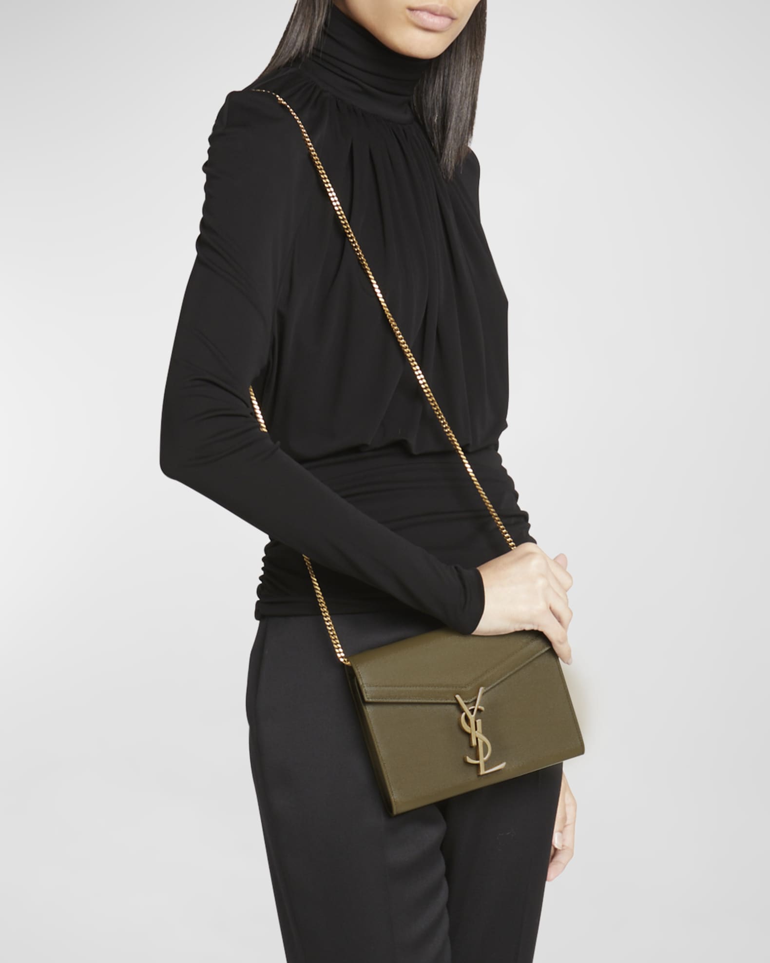 Saint Laurent Cassandra Mini YSL Wallet on Chain in Grained Leather Neiman Marcus