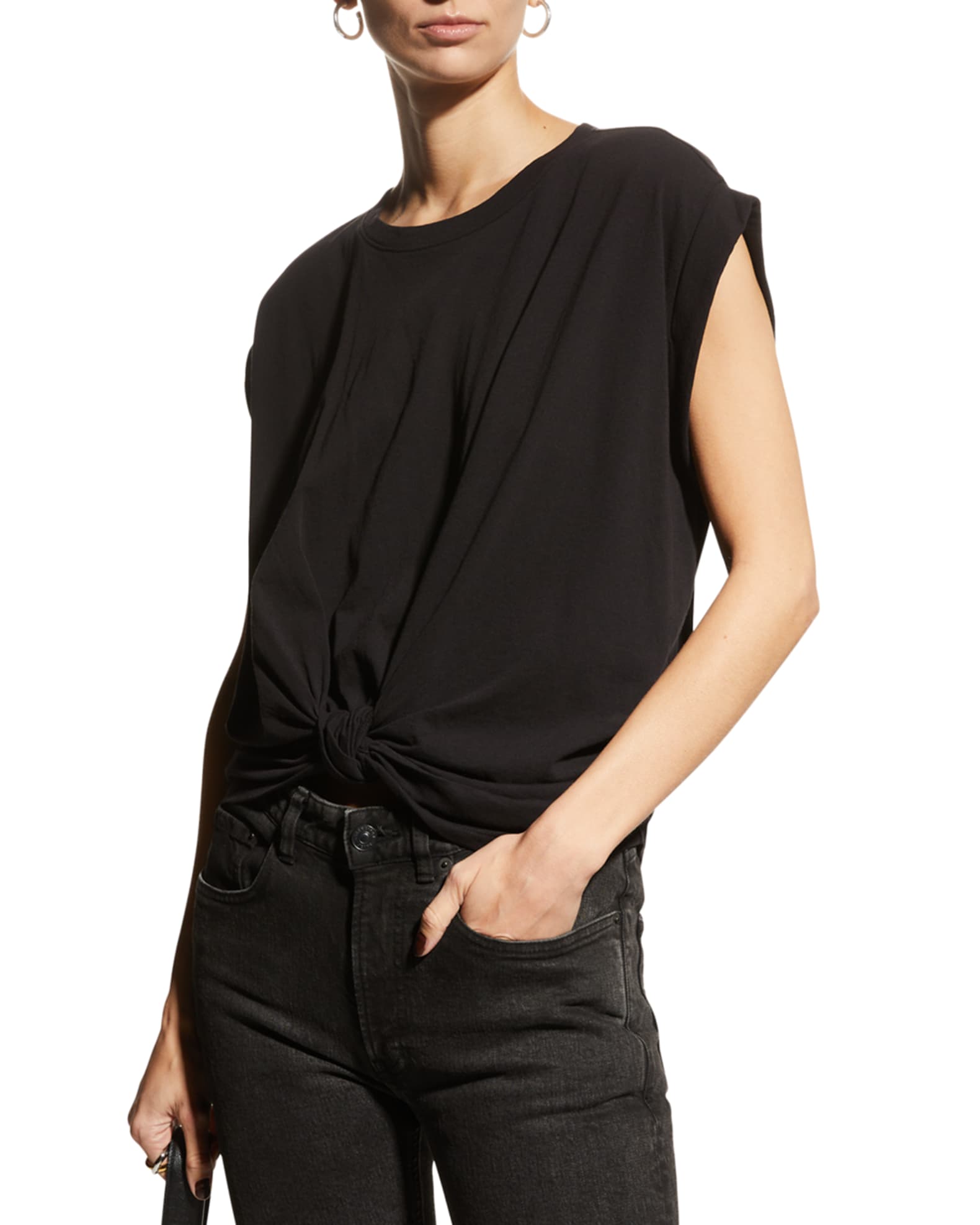 FRAME Knotted Roll-Sleeve Tee | Neiman Marcus