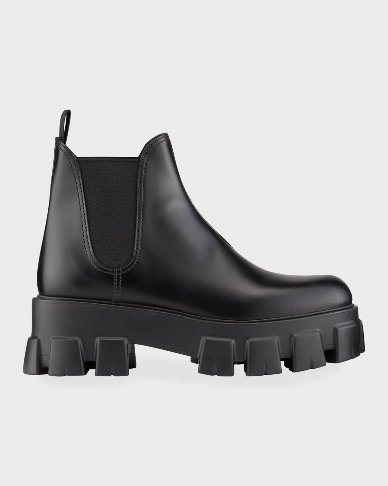 Prada Monolith Leather Lug-Sole Chelsea Booties | Neiman Marcus