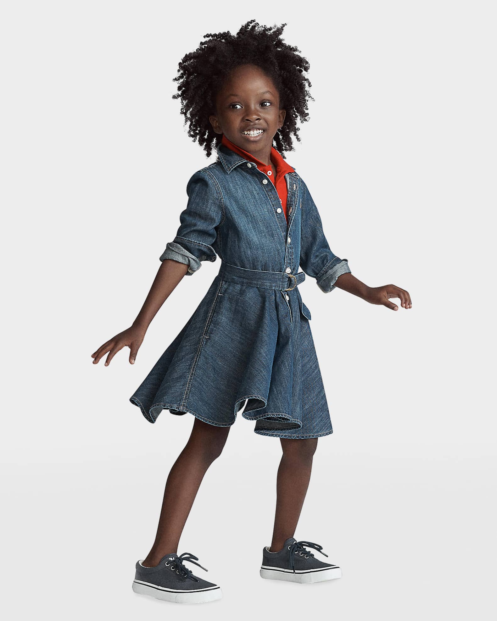 Girl's Belted Fit-and-Flare Denim Shirtdress, Size 2-4 1