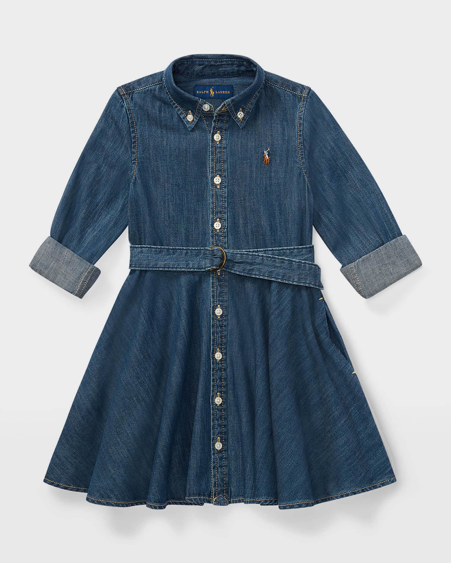 Girl's Belted Fit-and-Flare Denim Shirtdress, Size 2-4 0